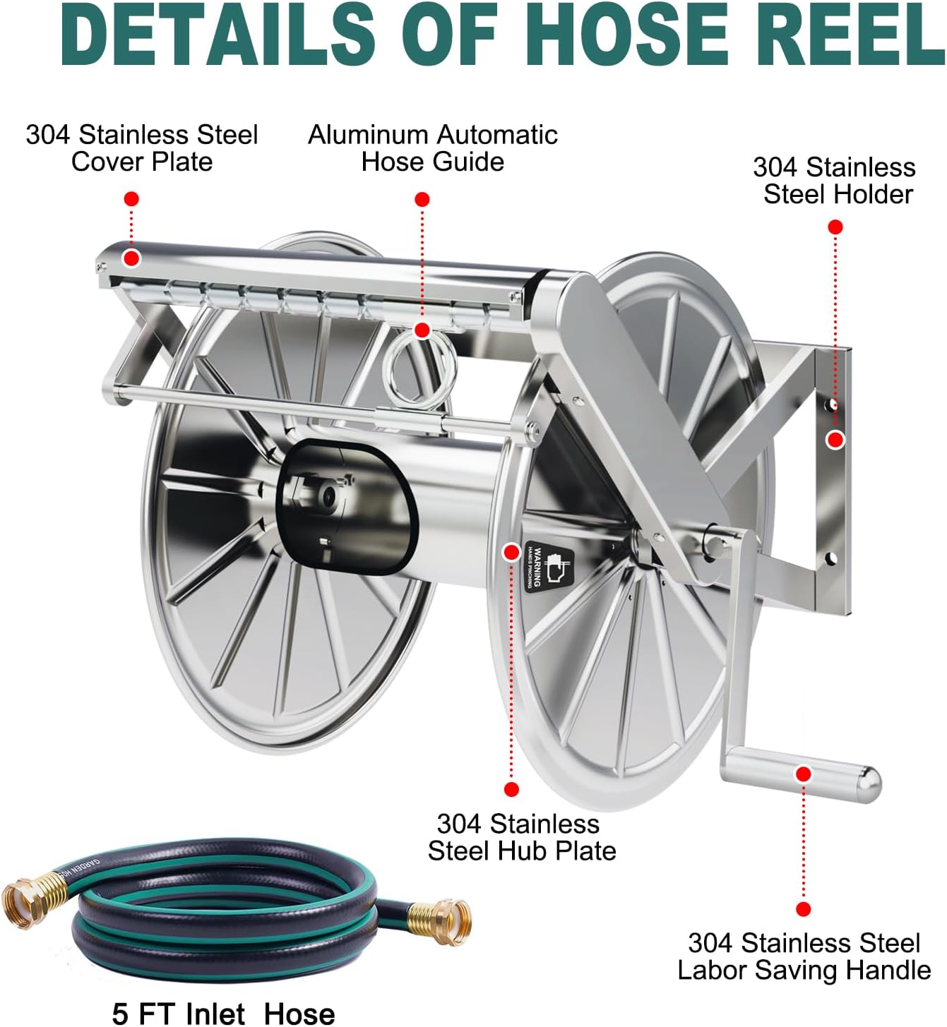Stainless Steel Garden Hose Reel Heavy Duty, Wall Mount Water Hose Holder, 150 Feet of 5/8 Inch Hoses Capacity, Hose Reels with 5 ft Inlet Hose for Outside, Lawn, Yard, Garage