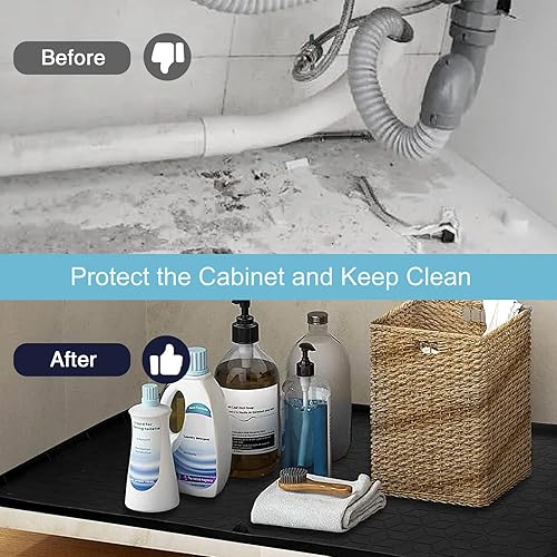 Miniatura 5 de Tapete para debajo del fregadero, 34 x 22 pulgadas, forro flexible de silicona para debajo del fregadero, bandeja de goteo impermeable con orificio