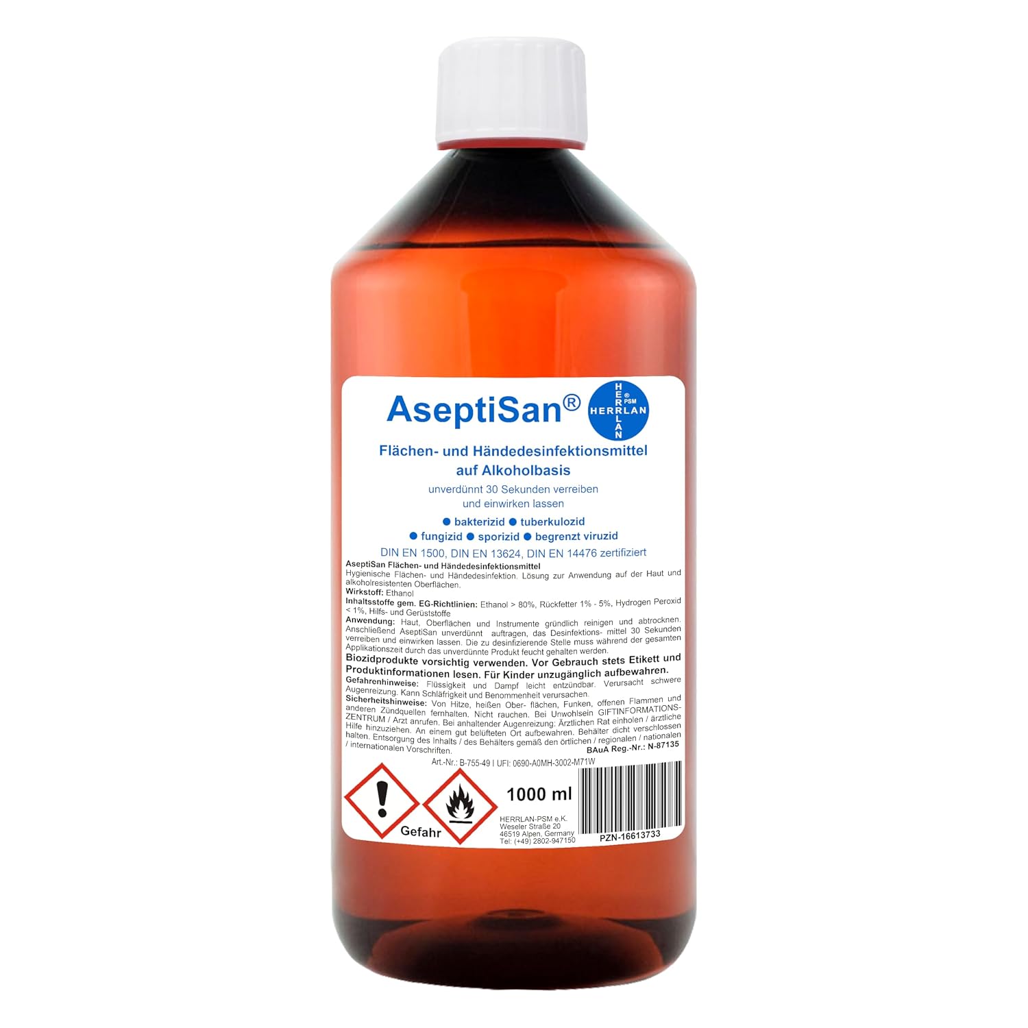AseptiSan Disinfectant 1 x 1000 ml - Refill Bottle for Hands & Surfaces - Color & Fragrance Free - PZN 16613733 - Herrlan Quality - Made in Germany