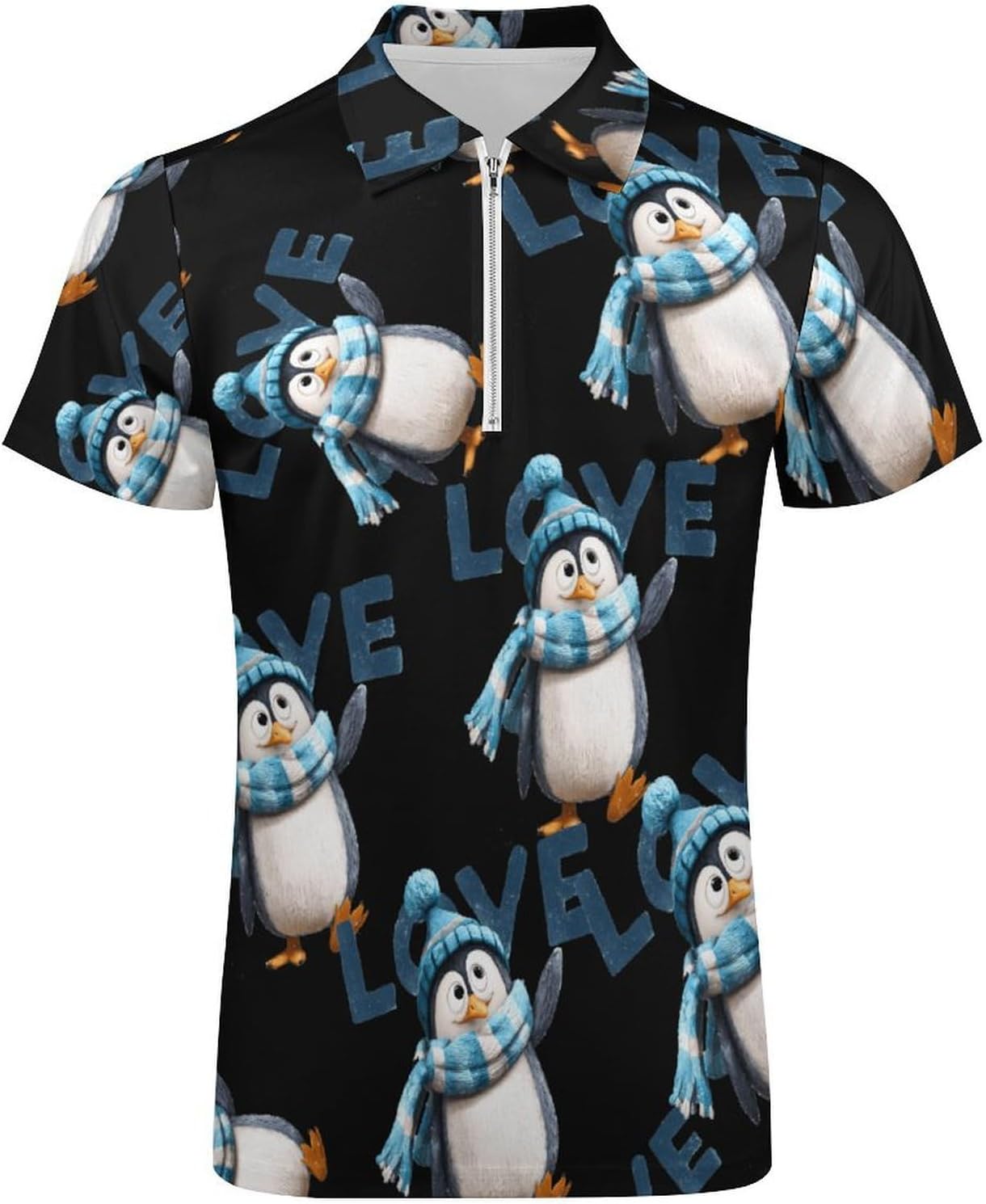 Winter Love Penguins Men's Polo Shirts Golf Short Sleeve Tops | Casual Workout,Golf T-Shirt,Zippered Tee,Collared,Print