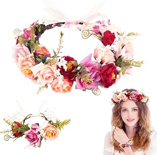 Blumenkranz Haare, Braut Haarschmuck Set, Blumenhaarreife Damen Blumen Haarkranz & Armband, Einstellbarer Blumenkrone Stirnband für Hochzeit Party Boho Fasching