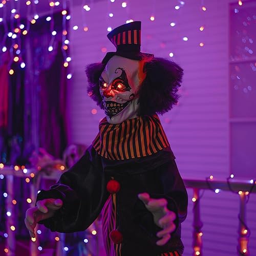 Miniatura 7 de Hourleey Decoración de payaso animatrónico de tamaño real para Halloween, payaso animatrónico aterrador con ojos rojos intermitentes, decoración de