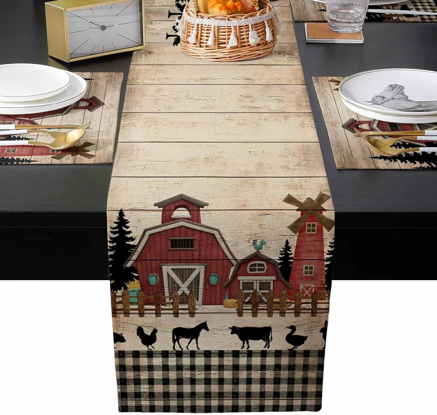 Brown Farmhouse Table Runner with Placemats Set of 4, Cotton Linen Kitchen Dining Mats Long Tablerunner 13"x70" Vintage Country Animals Wood Grain Plaid Table Mats Set for Living Room/Dresser/Dining