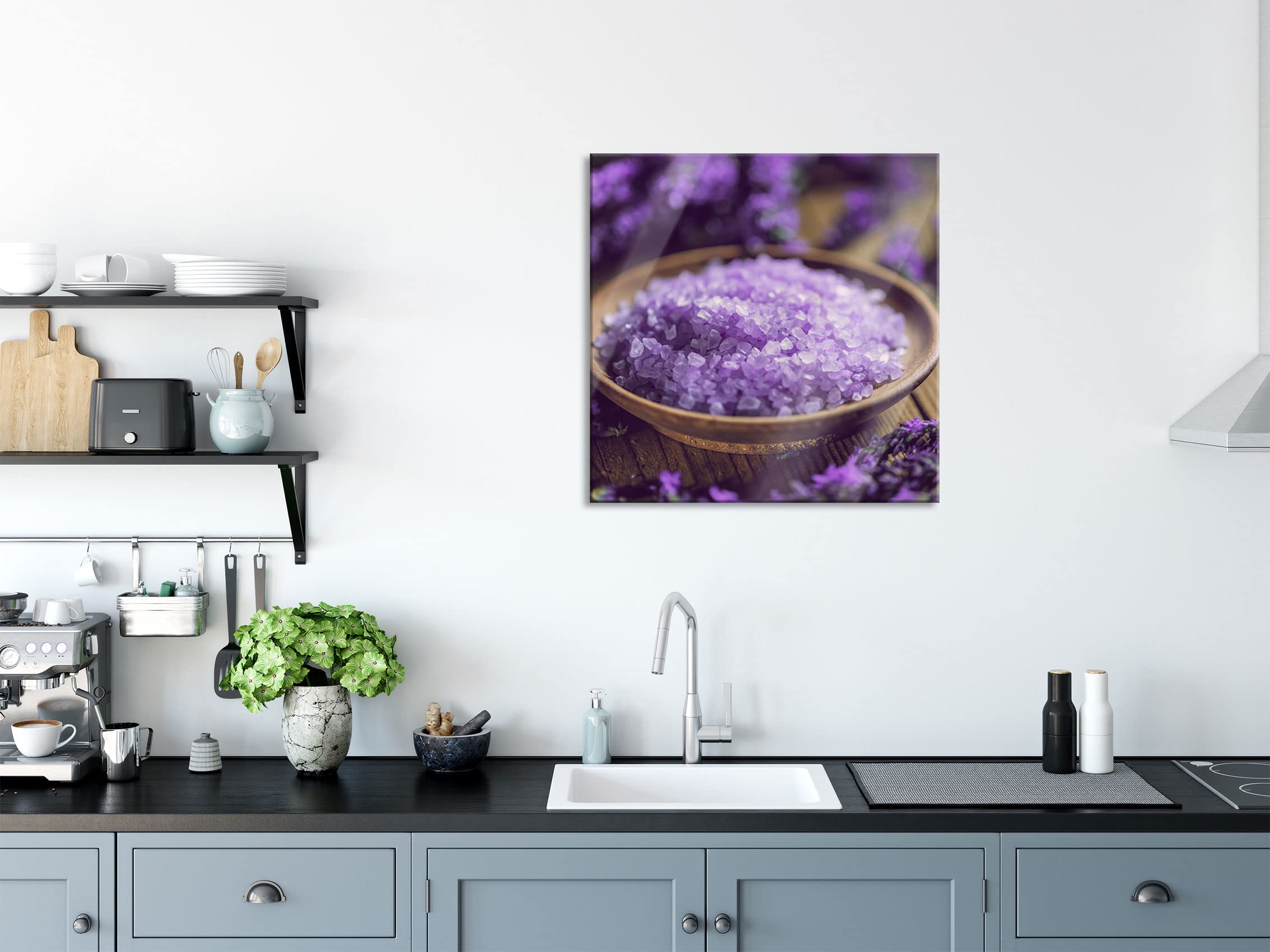 Pixxprint Glasbild, Wandbild auf Echtglas, Badesalz auf Holzuntergrund, 50x50 cm, inkl. Aufhängung und Abstandshalter