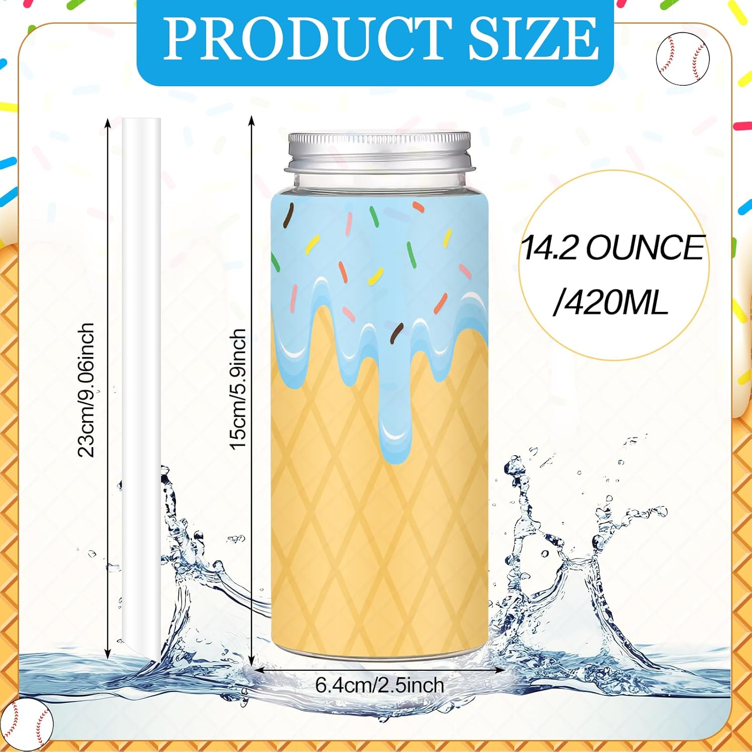24 Pack Baseball Ice Cream Drip Plastic Cups with Straws and Lids Bulk 14.2oz Reusable Tumbler Party Cups Baseball Drip Party Favors for Sport Birthday Decorations Supplies