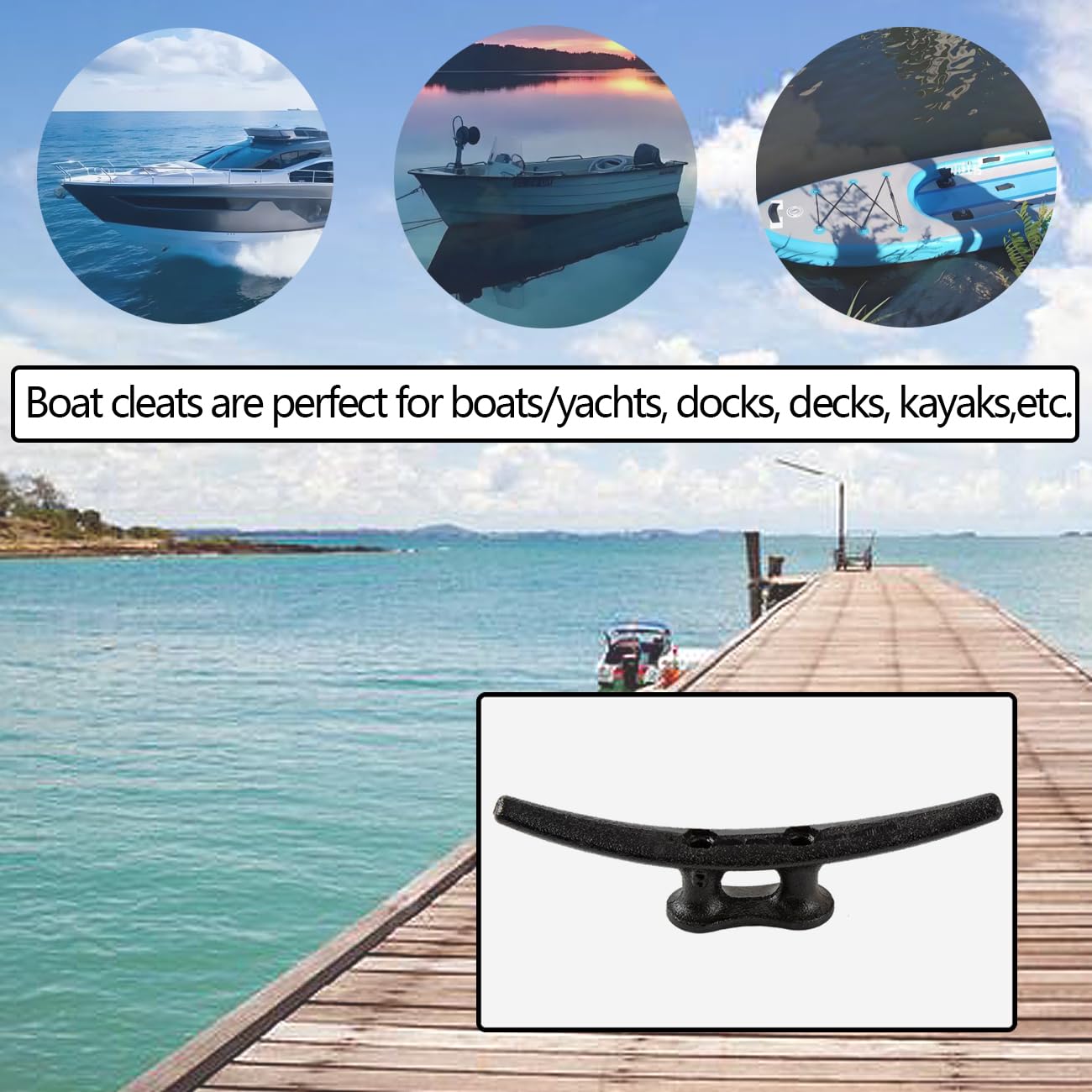 8 Inch Dock Cleats, Boat Cleat Open Base Cast Iron,Electrophoretic Coated Boat Dock Cleats Weatherproof Tie Downs for Boat, Decks, Marine or Home Decoration (4 Pack)