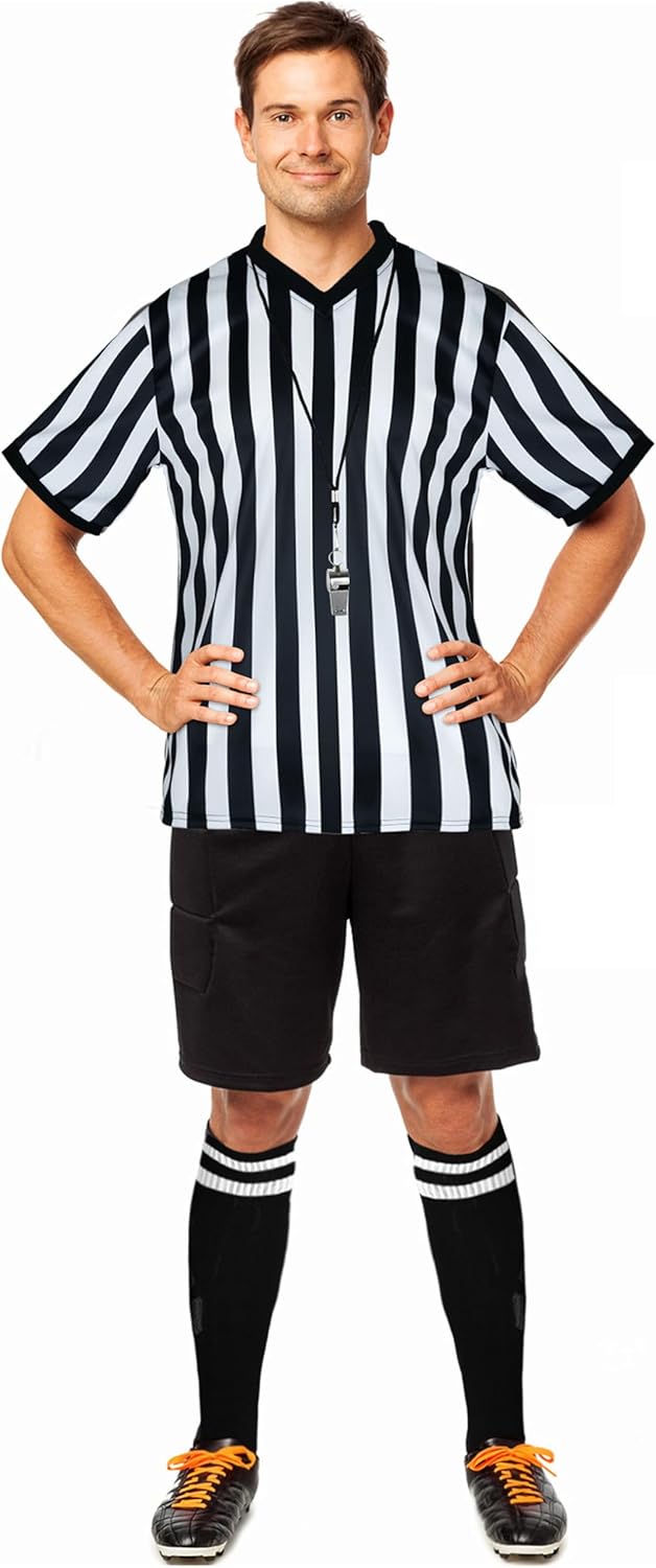 Angelaicos Referee Shirt for Men Women V-Neck Stripe Umpire Jersey Halloween Costume Set - Image 2