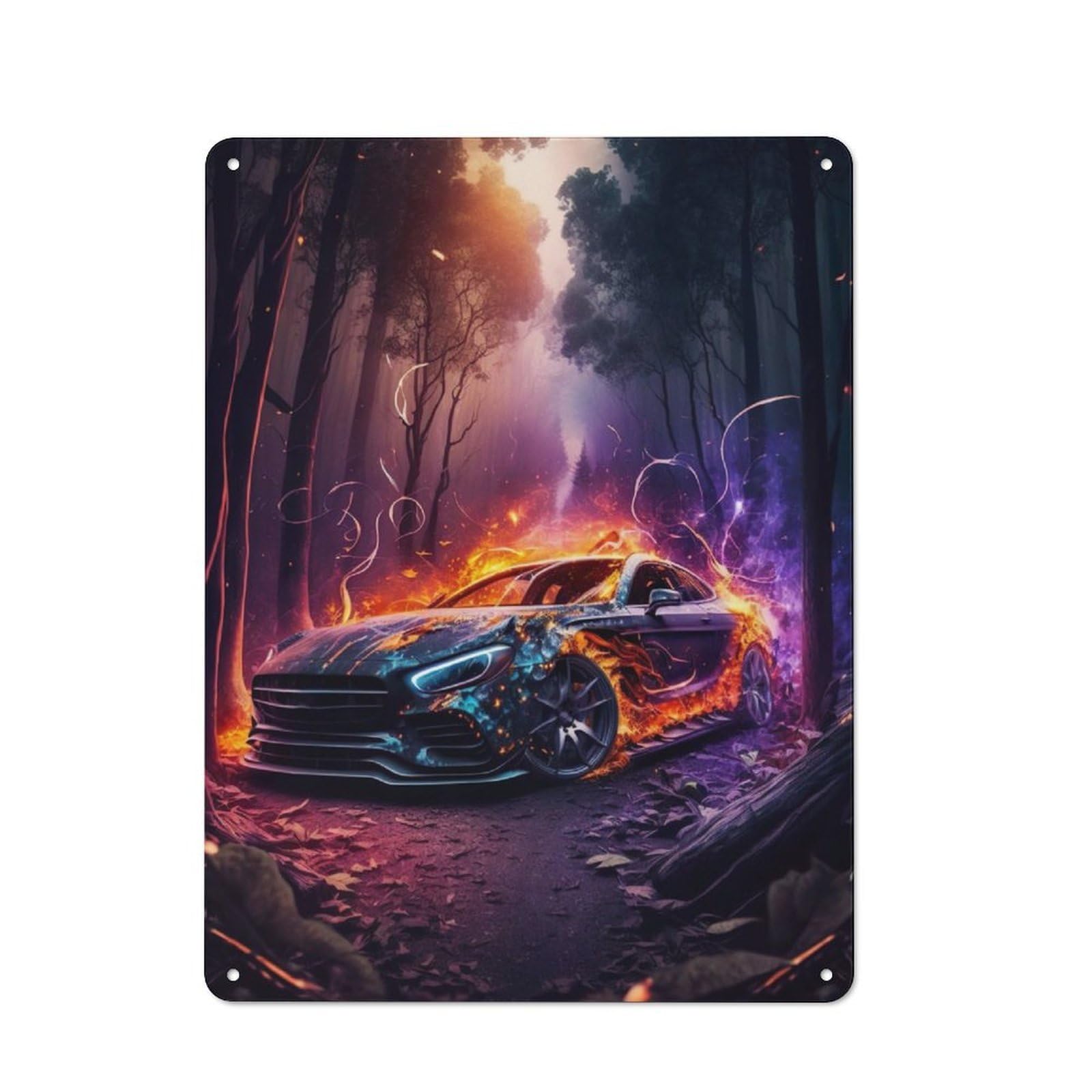 Junmoney Lightning Car In Forest Bistro Style Tin Wall Sign 40X30cm, Shop Wall Decor For Takeaway, Bar, Kitchen Or Counter Area