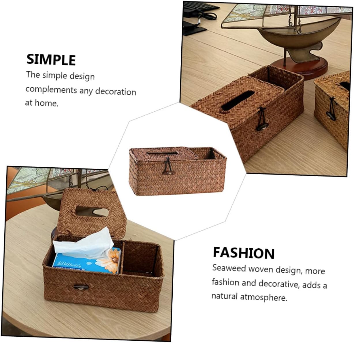 1pc Storage Box Car Tissue Holder Car Decor Storage Basket with Lid Office Desk Decor Woven Basket with Lid Vintage Decor Paper Towel Holder Retro Decor Hamper Wicker Straw Seaweed
