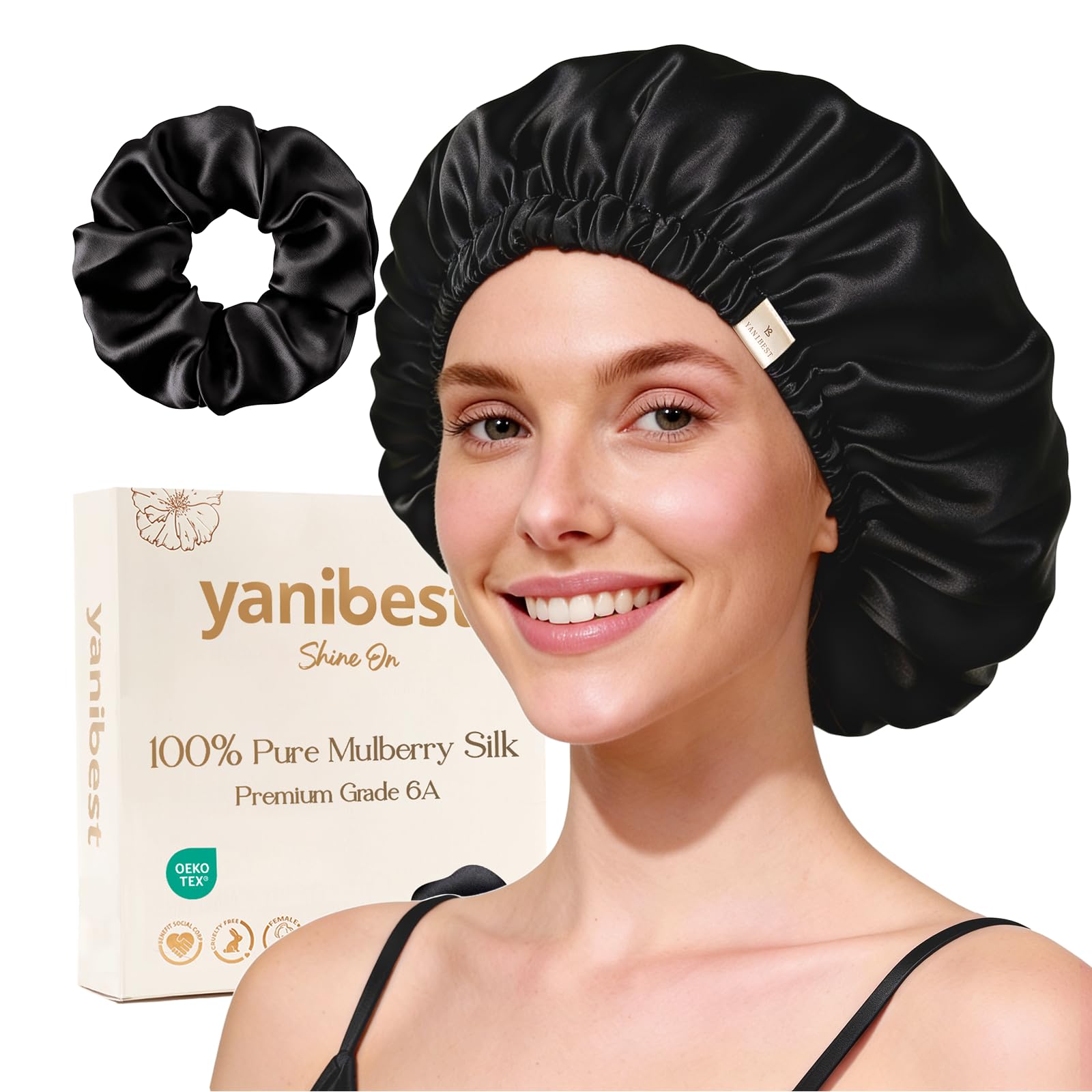 Yanibest Women's Black 22 Momme 100% Mulberry Silk Bonnet For Sleeping, Double Layer Sleep Cap Hair Wrap For Natural Silk Hair Bonnet With Scrunchie