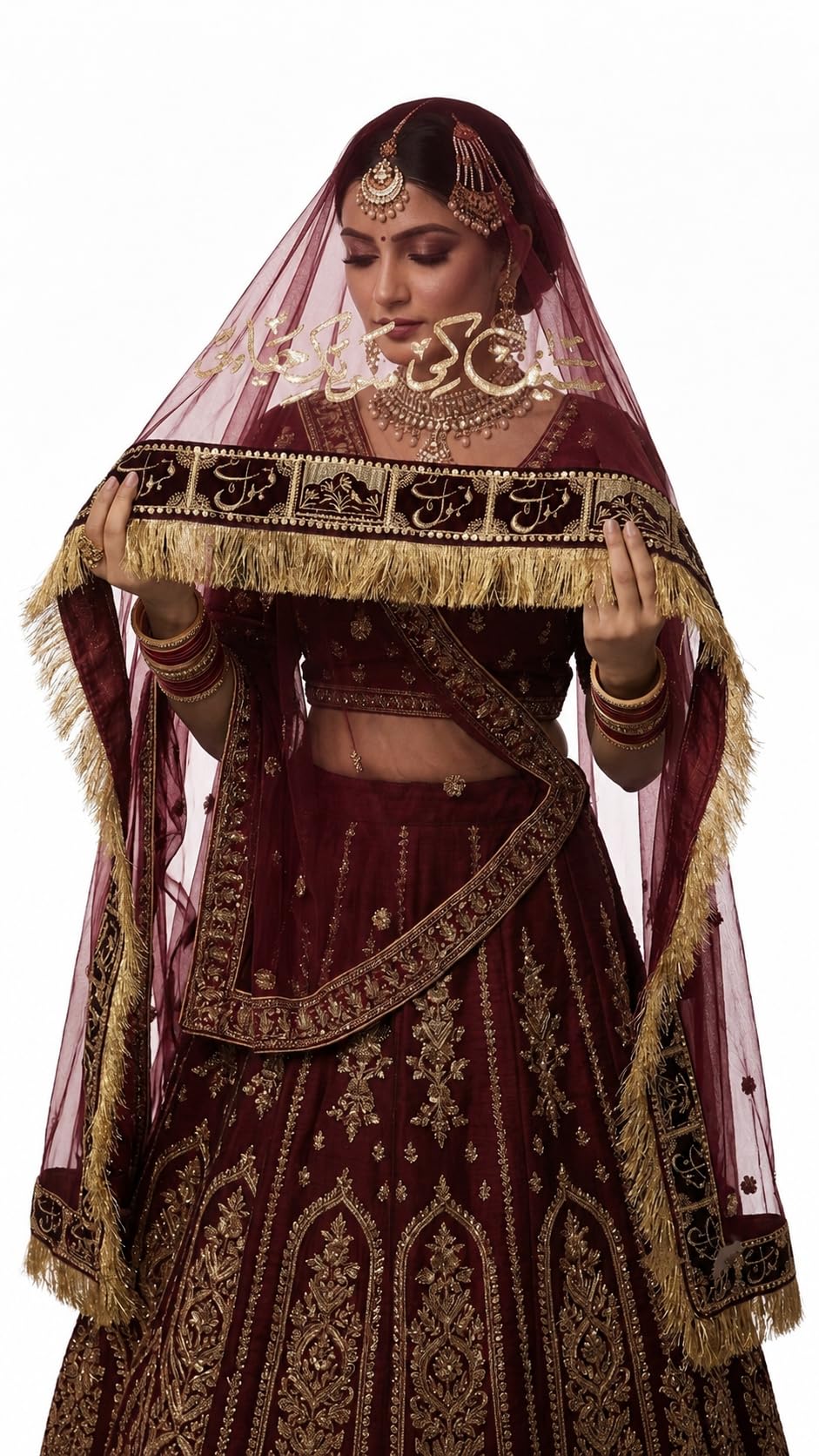 Customize Nikah Dupatta with Arabic Calligraphy, 1 side Qubool hai lace, 4 side Kiran lace, Customization in gillter work, 2.5 meter-image-35