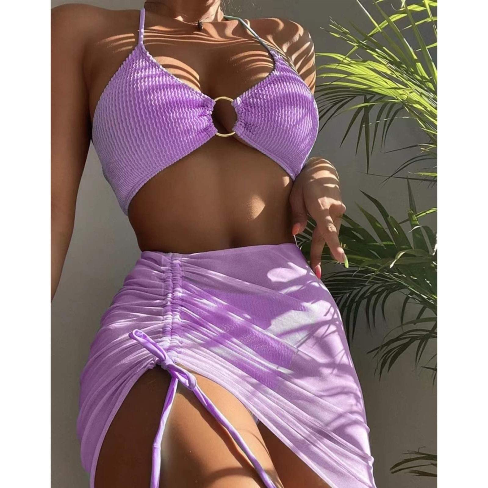 Damskie 3-częściowe stroje kąpielowe wiązane na szyi bikini z zakrytą spódnicą, czerwony, S
