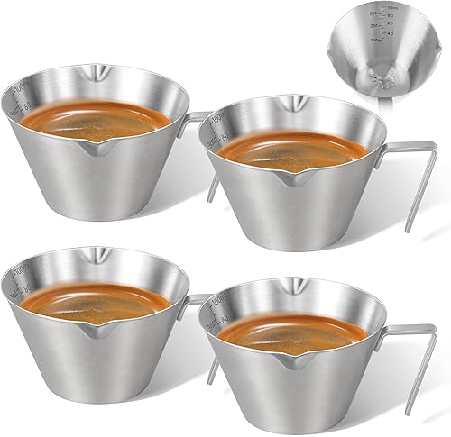 Miniatura 15 de 2 piezas de tazas de espresso de acero inoxidable con asa, taza medidora de metal de doble boquilla con doble escala, taza de espresso con boca en