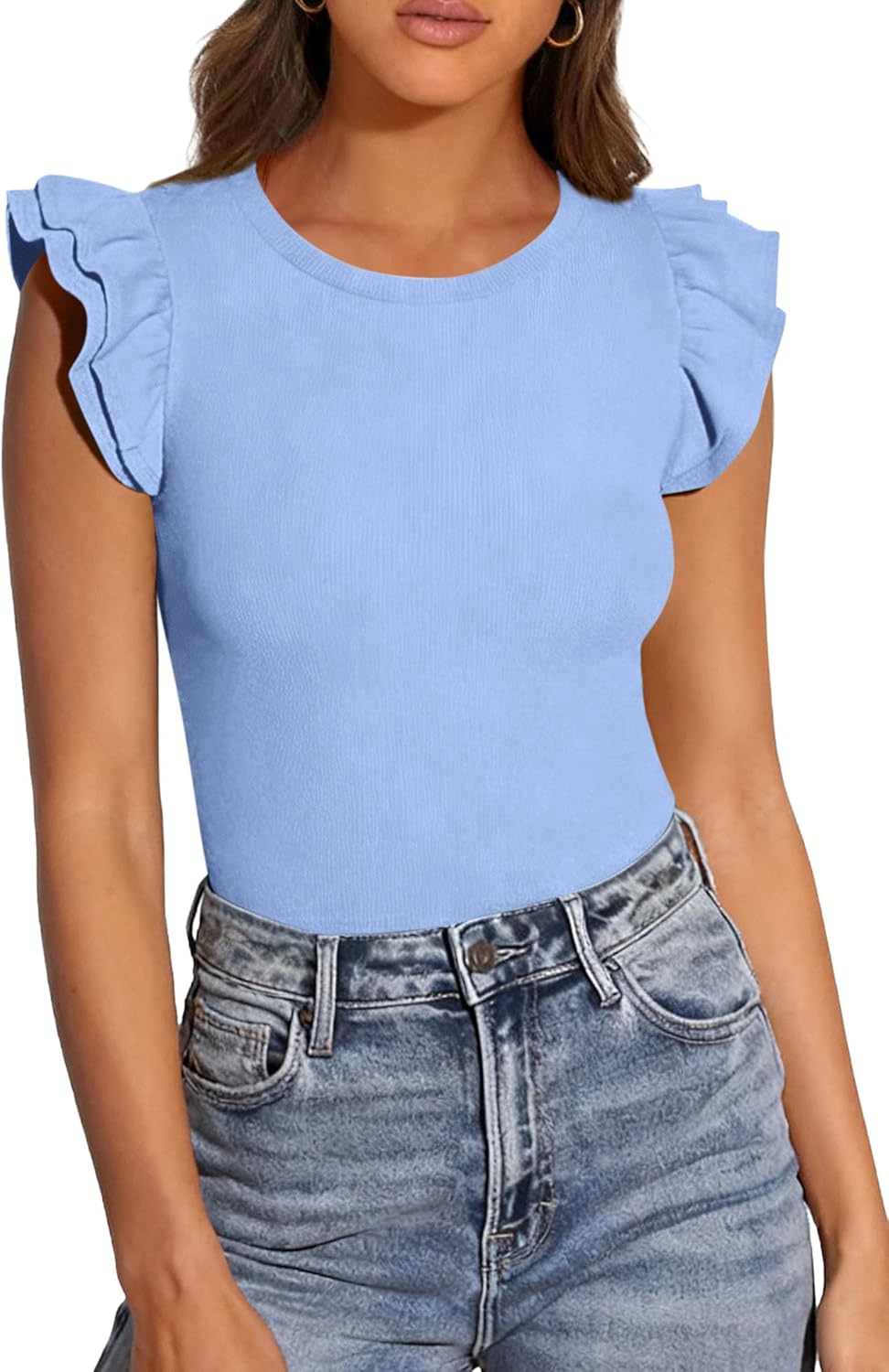 PRETTYGARDEN Womens Summer Crew Neck T Shirts 2026 Trendy Ruffle Sleeve Slim Fit Knit Going Out Tops Casual Spring Clothes - Image 6