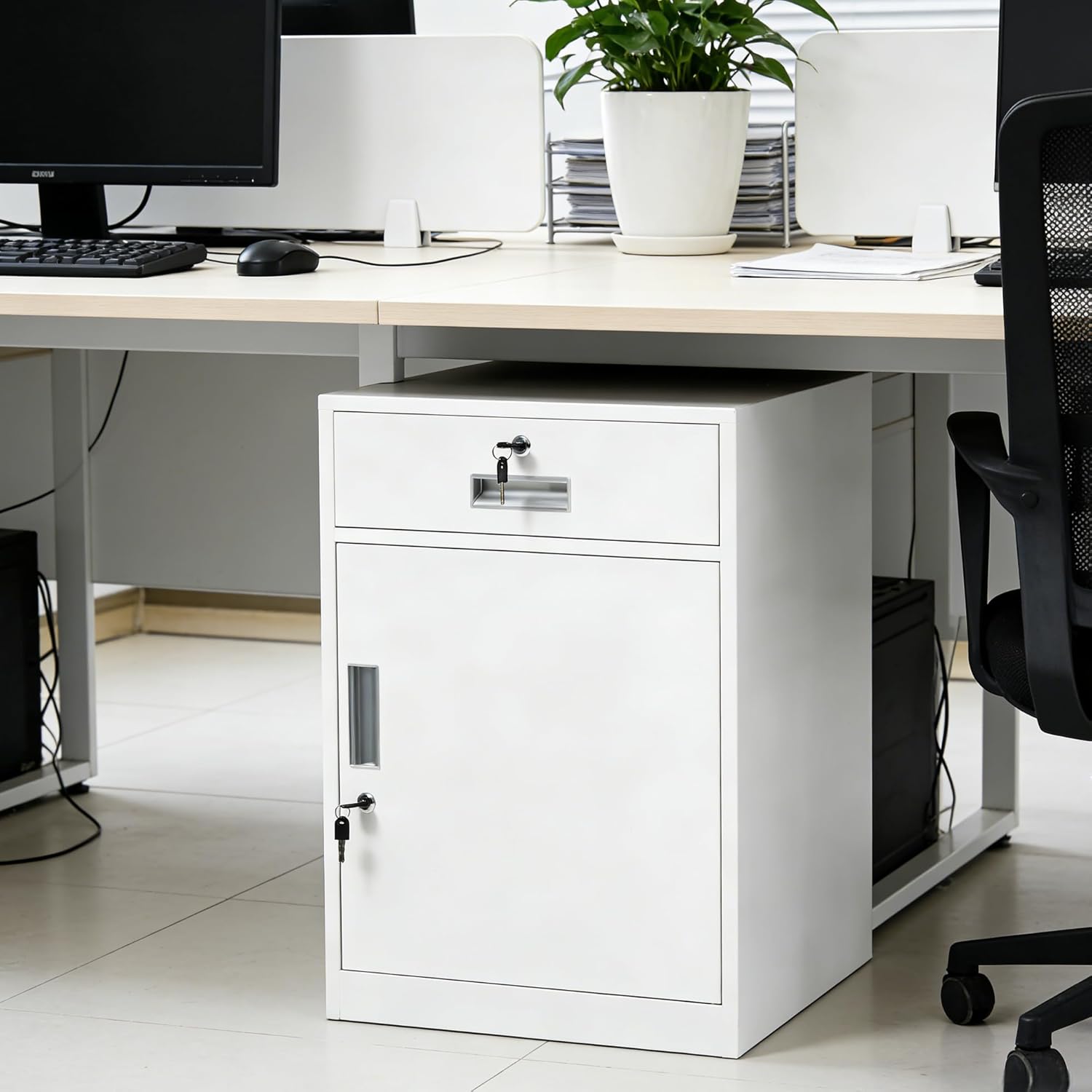 WIKTOP デスクワゴン サイドワゴン オフィス 完成品 キャビネット 書庫 スチール製 机下収納 袖机 可動棚 スリム ロッカー