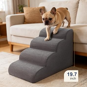Curved Dog Stairs Ramp for High Beds 19.7 H, 4-Step Dog Steps for Small Dogs and Cats, Removable and Washable Pet Stairs for High Bed Climbing, Non-Slip Balanced Pet Step Indoor, Deep Grey