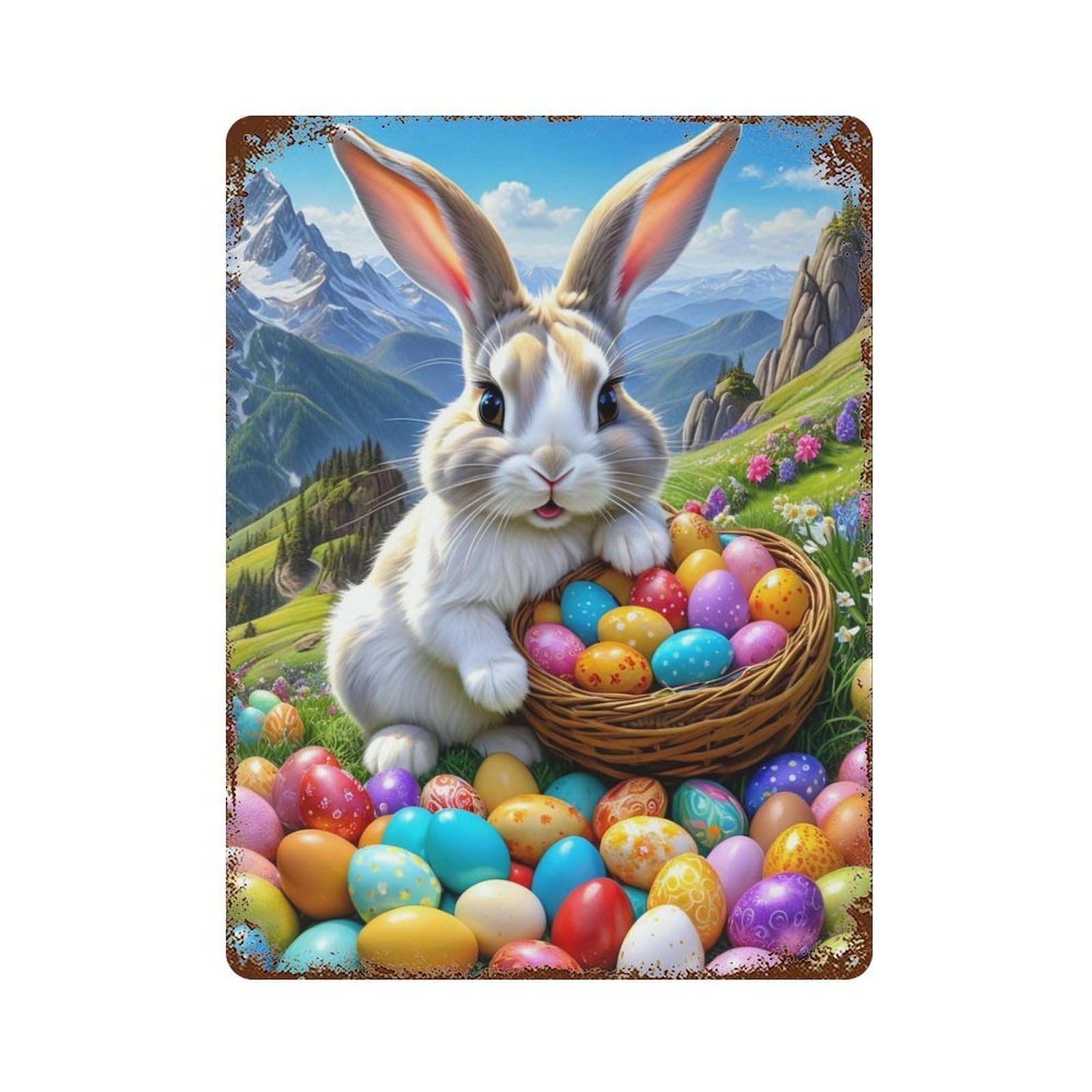 Easter Bunny with Eggs Basket Decorative Tin Sign 15.7"x11.8", Vintage Wall Decor for Garage, Pub Or Kitchen