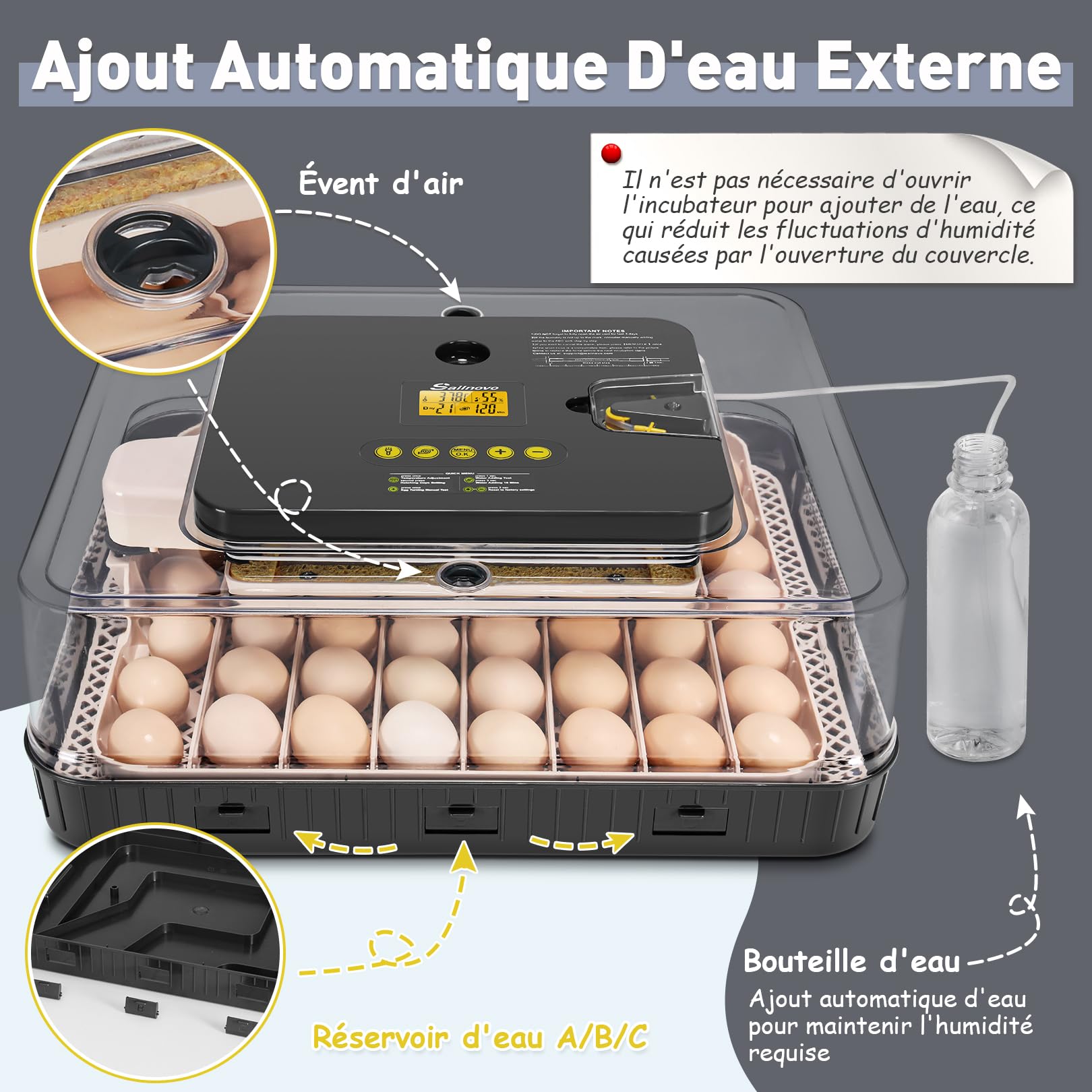 Sailnovo Couveuse 56 Oeufs Incubateur Oeuf Automatique avec Retournement Automatique des Oeufs et Humidification Automatique, Parfait pour les laboratoires, les écoles et les fermes, Gris