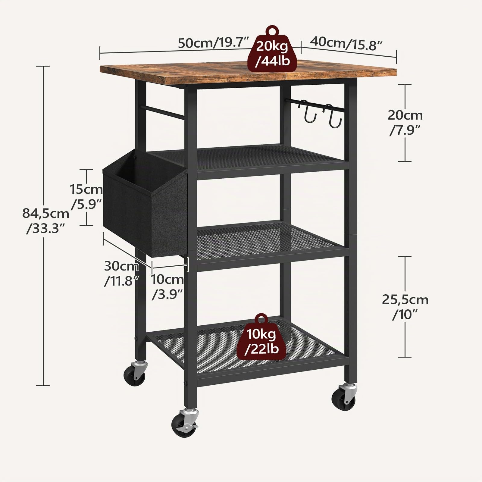 MAHANCRIS 4-Stöckiger Druckertisch, Rollcontainer, Druckerständer, Aufbewahrungsregal, Industriestil, Mit Seitentasche, Holzablage, 2 S-Haken, für Heimbüros Rustikalbraun und Schwarz APTHR2601