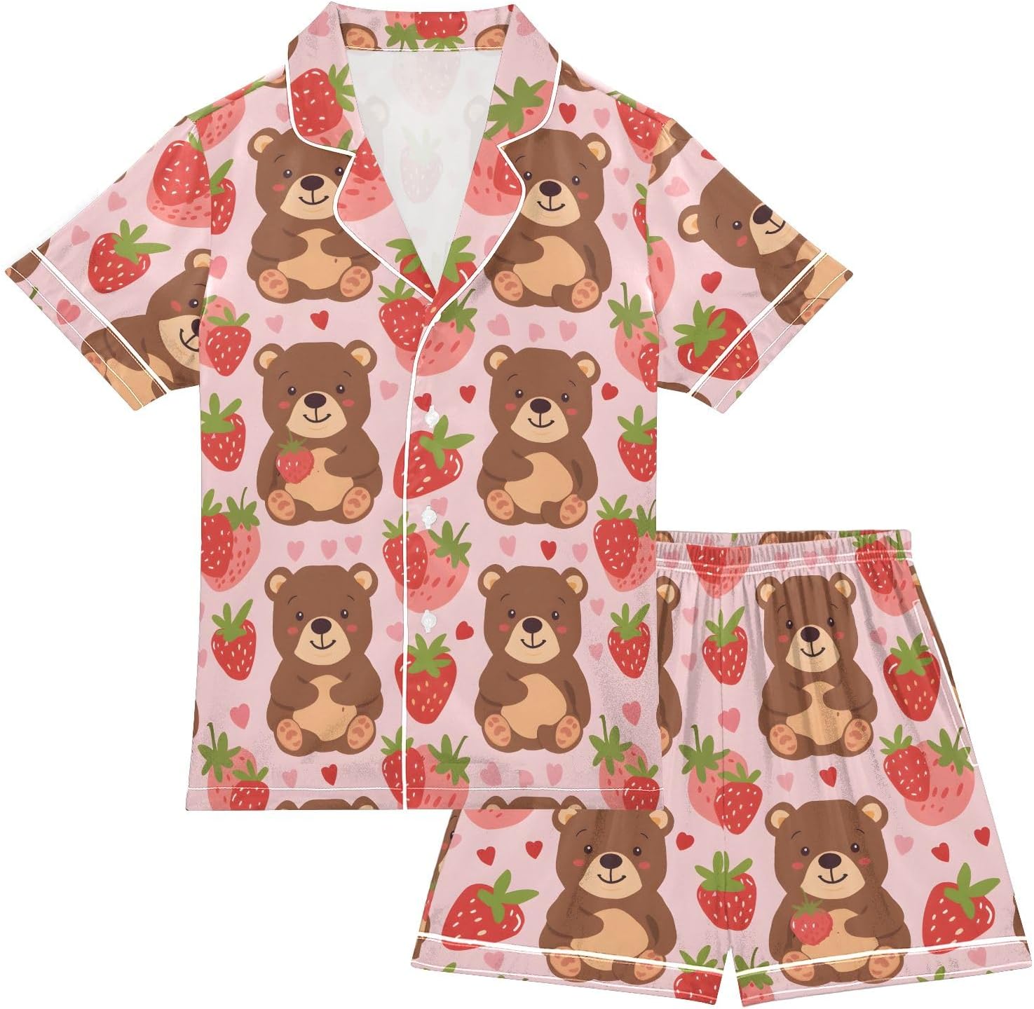 Kids Casual Satin Wear Set Cartoon Bear and Strawberry Pattern Unisex Short Sleeve Clothing for Relaxing