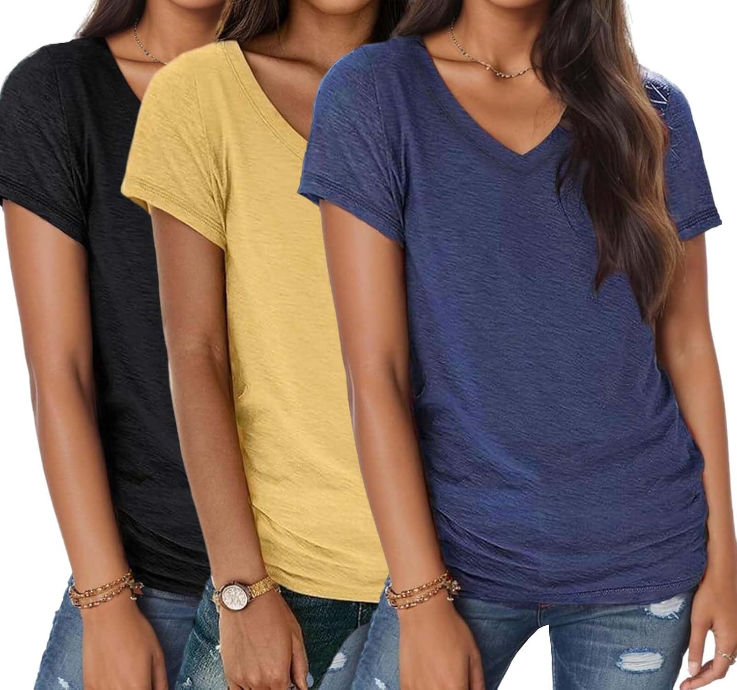 Womens 3 Packs Short Sleeve Shirts Soft V Neck T-Shirts Loose Fit Lightweight Basic...