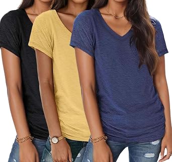 Womens 3 Packs Short Sleeve Shirts Soft V Neck T-Shirts Loose Fit Lightweight Basic Tee Tops S-XXL