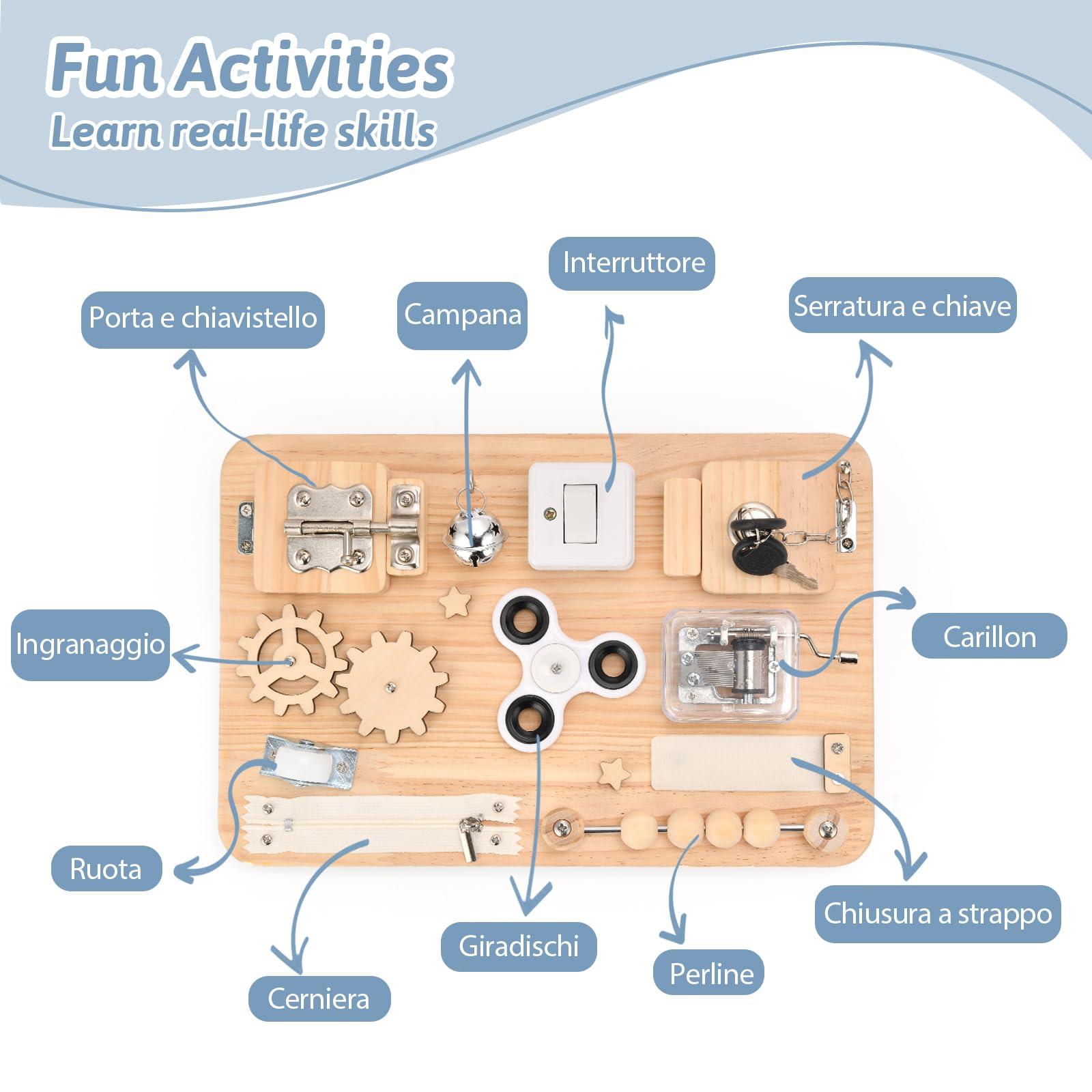 potatomato Busy Board Montessori in Legno - Gioco sensoriale ed educativo per Bambini - attività Manuale e Gioco da Viaggio Bambini e Compleanni
