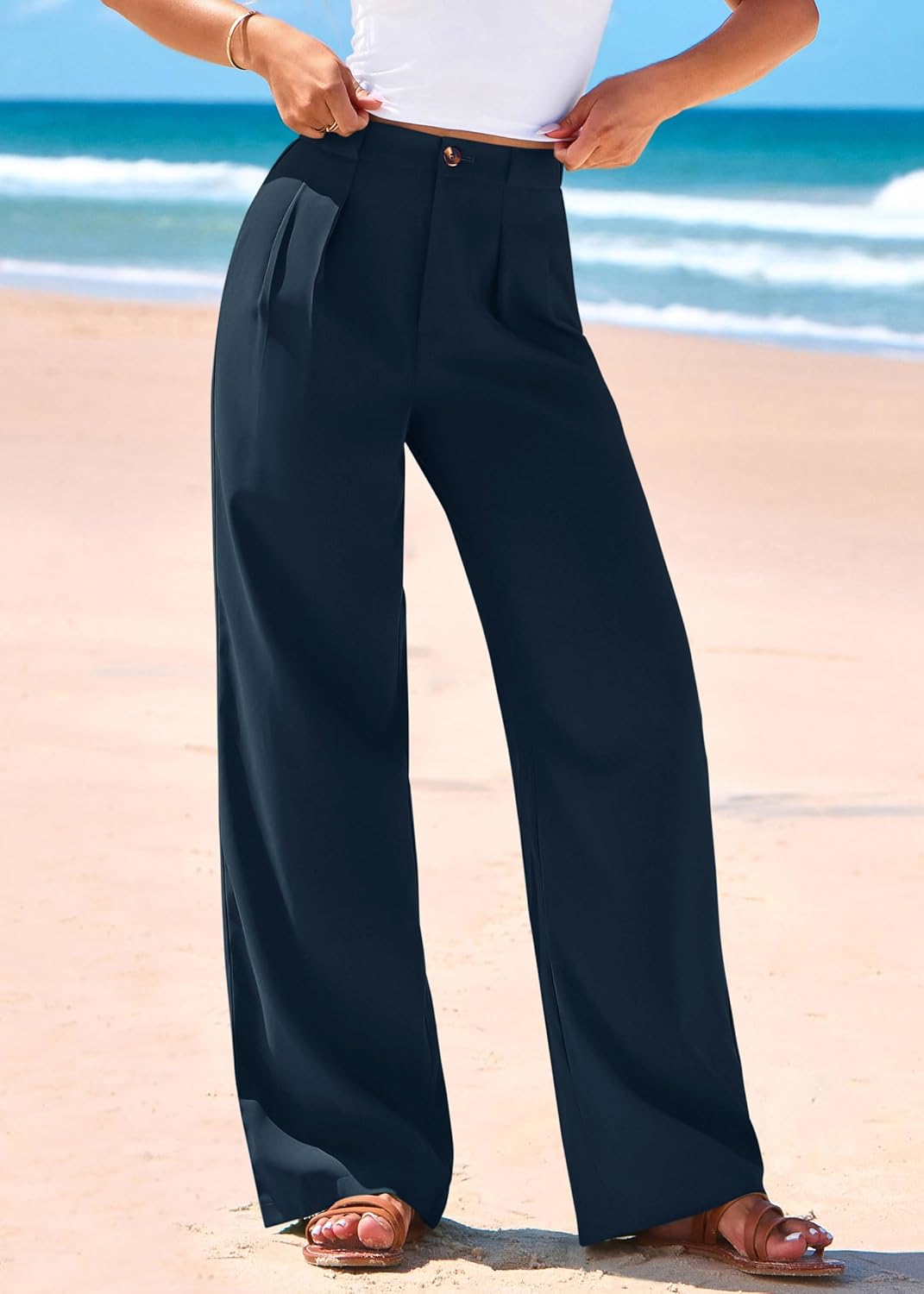 KIRUNDO Wide Leg Dress Pants for Women High Waisted Office Work Trousers Business Casual Slacks Button Flowy Palazzo Pant - Image 8