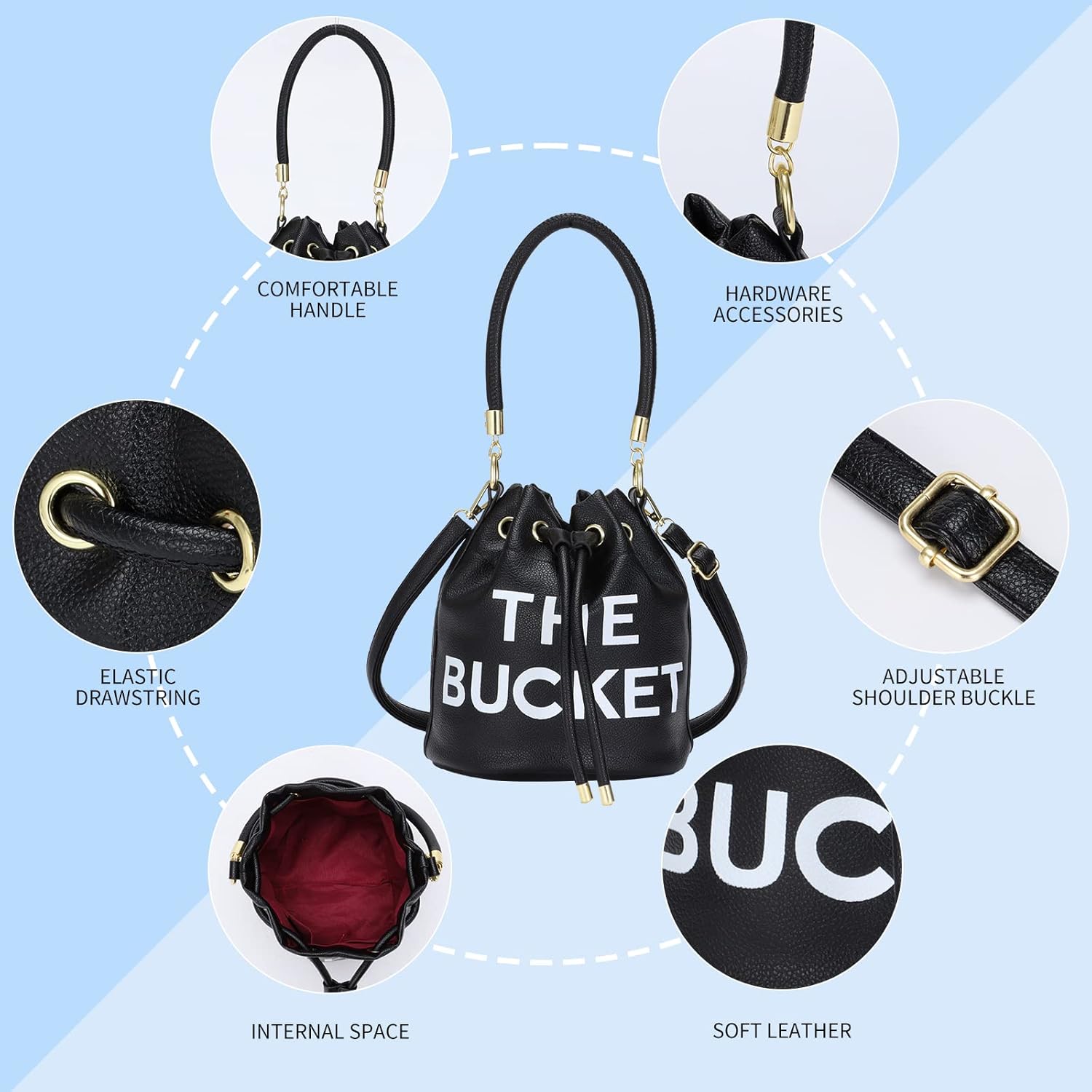 JQAliMOVV Mini Leather Bucket Bags for Women Drawstring Bucket Purse Crossbody Handbags Hobo Bag - Image 5