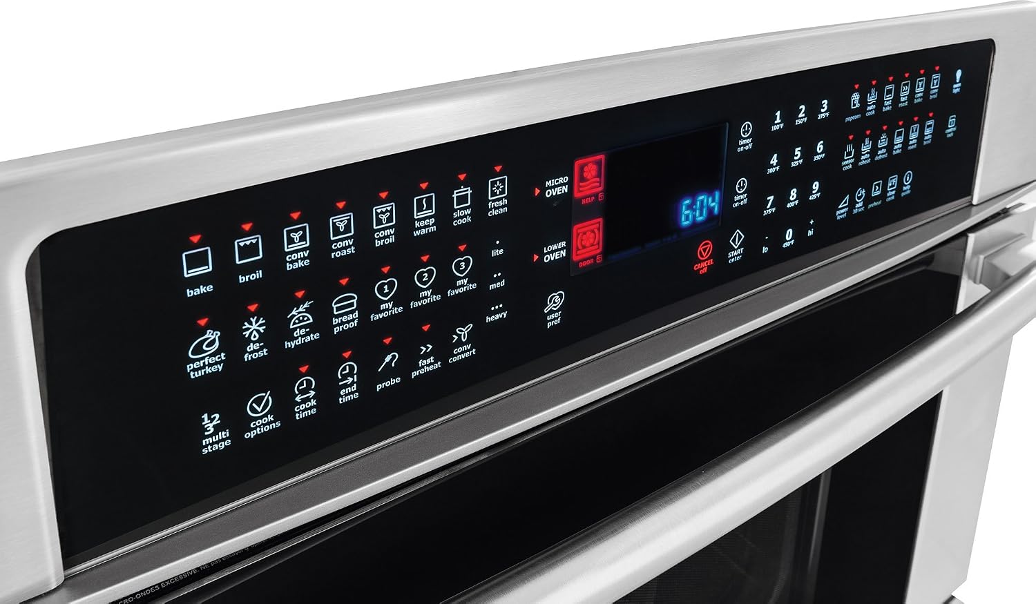 Close-up of the Electrolux EW30MC65PS Wave-Touch control panel, showing various cooking function icons and digital display.