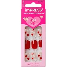 KISS imPRESS No Glue Mani Press On Nails, Design,#39;Kiss to Remember, Red, Short Size, Squoval Shape, Includes 30 nails, 1 mini file, 1 prep pad, Instruction Sheet, manicure stick