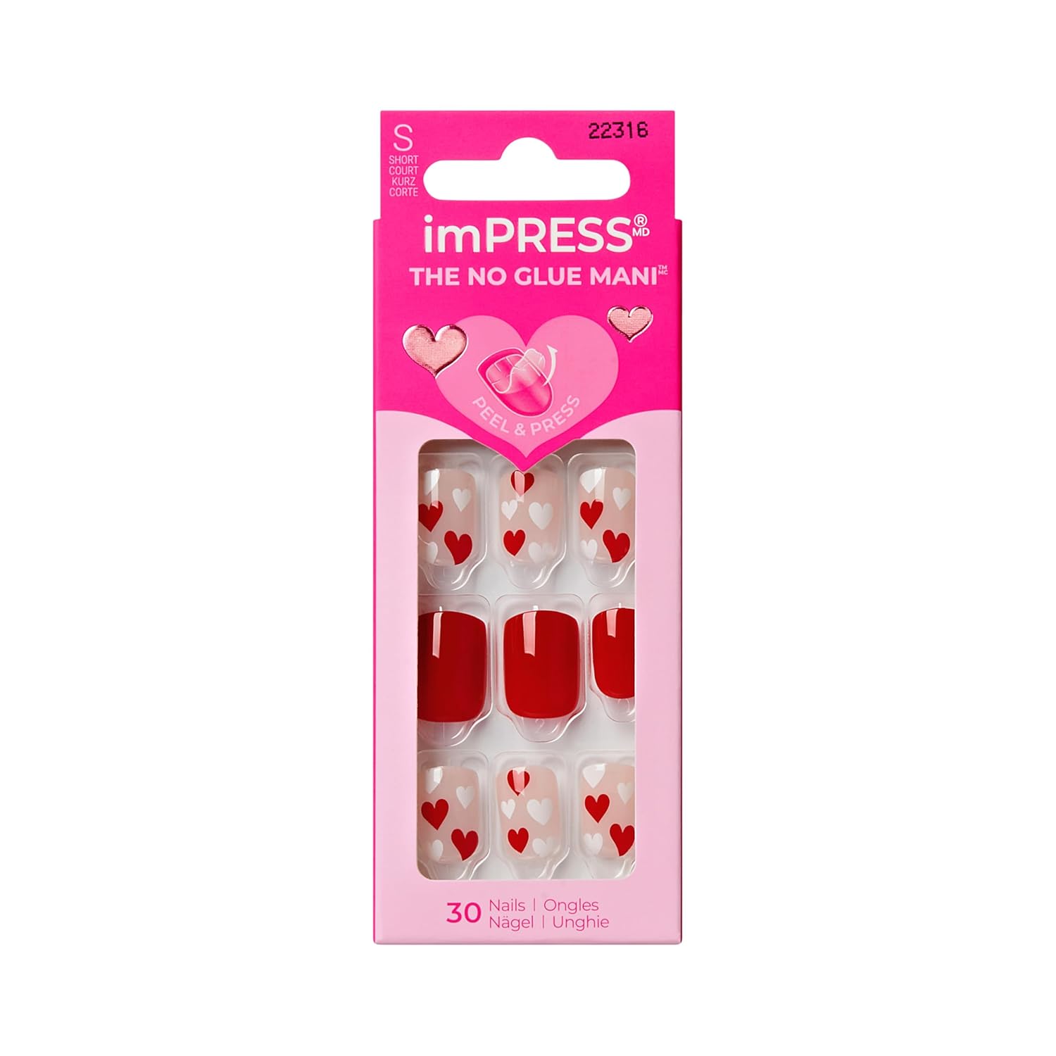 KISS imPRESS No Glue Mani Press On Nails, Design, 'Kiss to Remember', Red, Short Size, Squoval Shape, Includes 30 nails, 1 mini file, 1 prep pad, Instruction Sheet, manicure stick