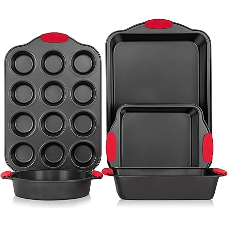 Bakeware Sets, Avoson Nonstick Bakeware Baking Pans Tray Set with Red Silicone Grips Carbon Steel with Cookie Sheet, Baking Pan, Cake Pan and Muffin Pan Loaf Pan Oven Safe- 5 Piece, Dark Grey