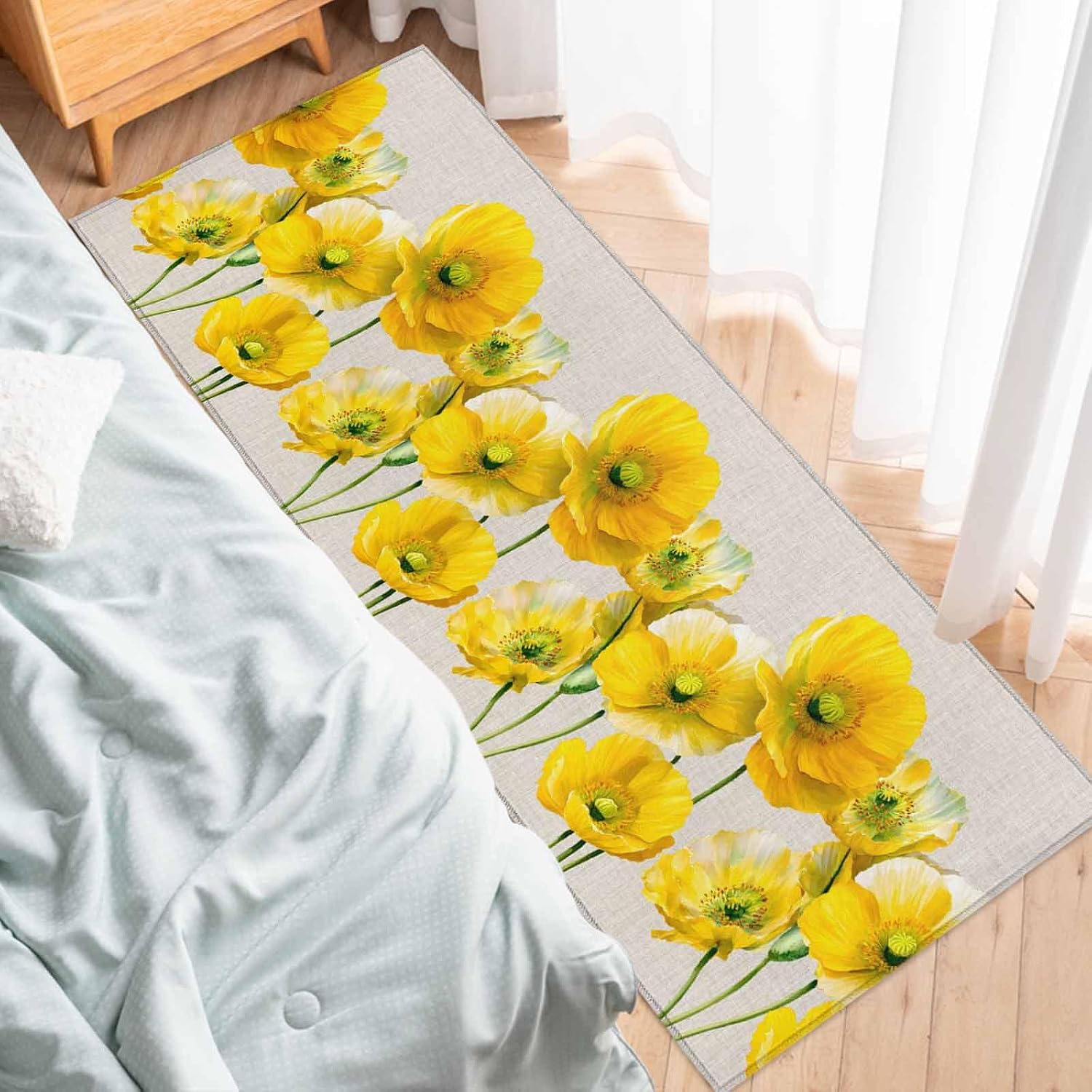 Teamery Kitchen Mats for Floor Watercolor Yellow Poppies Washable Non Slip Kitchen Rugs 1PCS, Retro Country Botanical Absorbent Standing Mats for Sink Bathroom Office Living Room 23.6x70.9in
