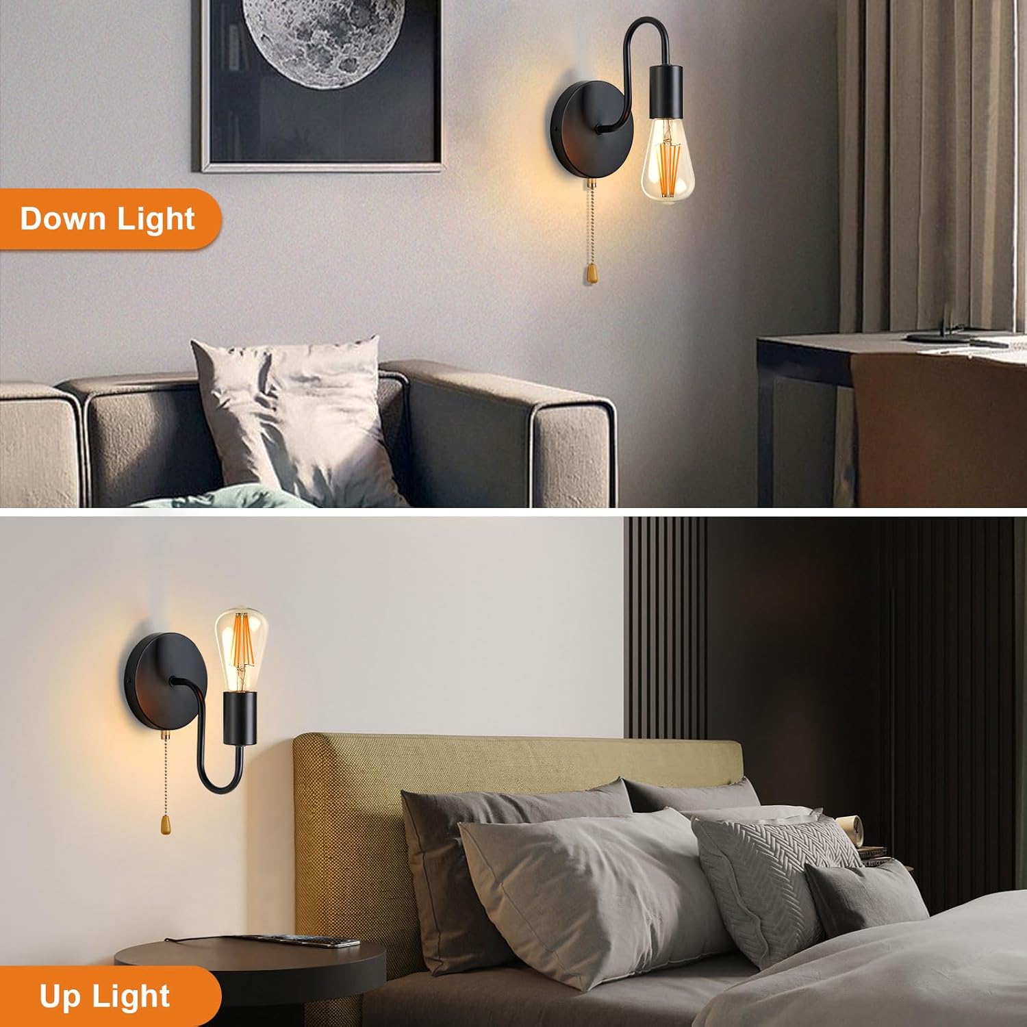 Black Pull Chain Wall Sconce with Switch Vintage Wall Lights E26 Industrial Wall Lamp Retro Wall Lighting Hard Wired Sconces Lighting for Mirror Bedroom Hallway