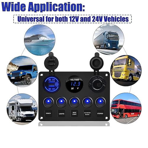 Miniatura 7 de Panel de interruptor basculante multifunción de 5 bandas, cargador USB QC 3.0 dual con control táctil, voltímetro digital y salida de 12 V para