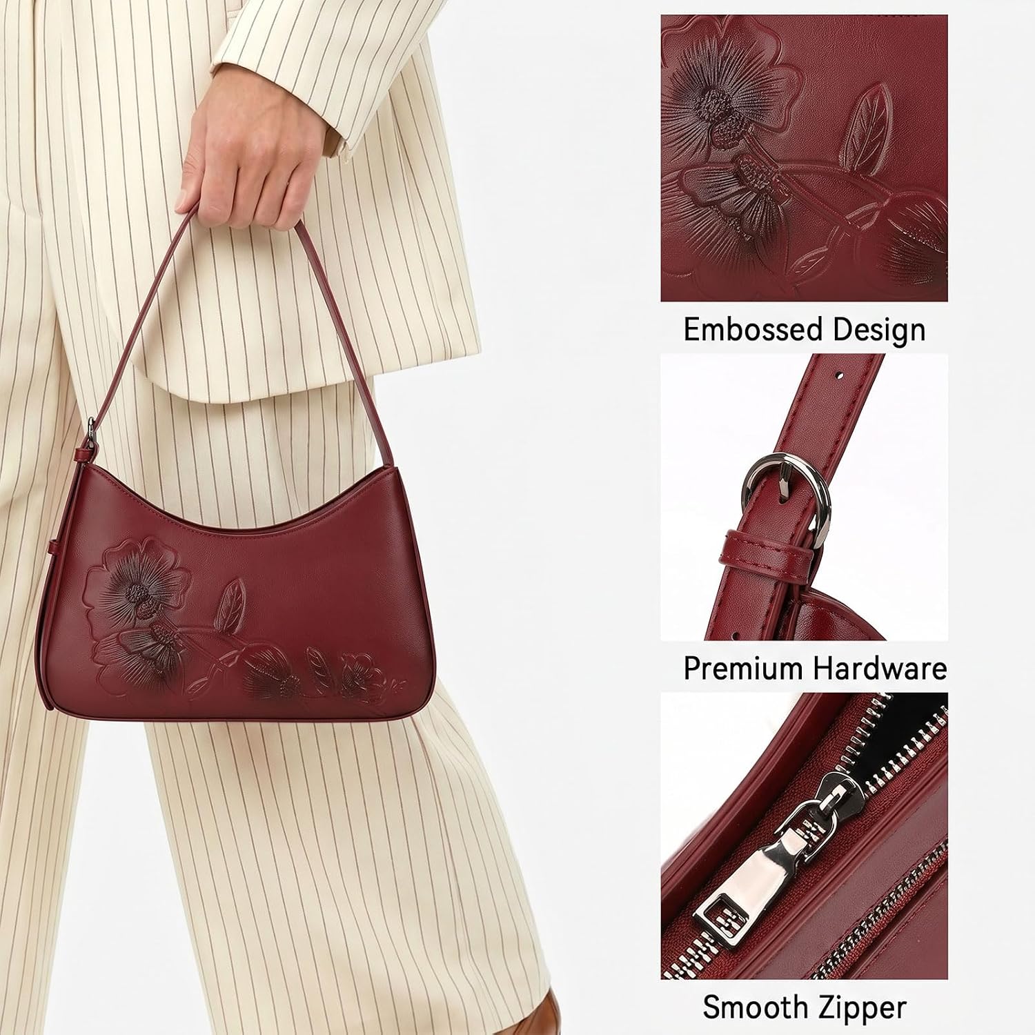 BELTAN Shoulder Bag for Women Floral Embossed Vegan Leather Small Purse Crescent Underarm Hobo Handbag with Adjustable Strap