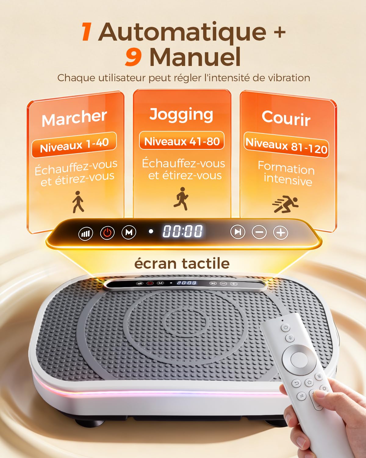 Plateforme Vibrante, Plaque Vibration Plate Fitness Équipement Sport Maison Entraînement Musculation, avec 4 Bandes de Résistance 120 Niveaux d'Intensité Haut Parleur Bluetooth