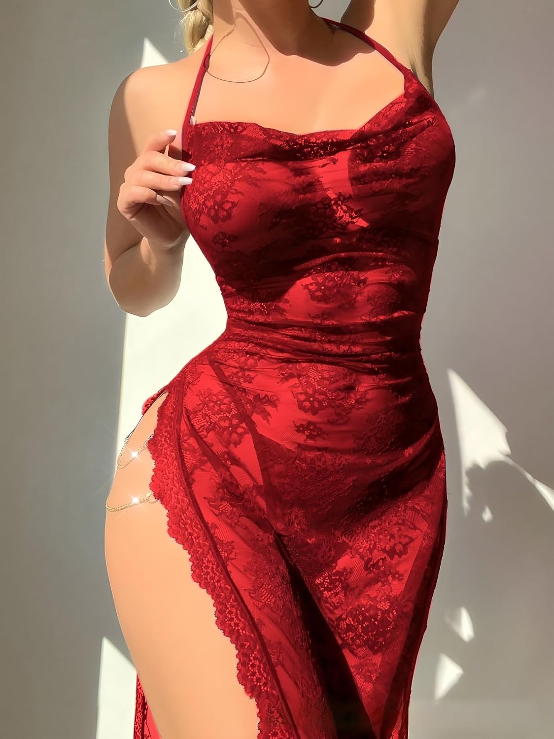 JasmyGirls Women Sexy Floral Lace Nightgown Halter High Split Dress Bikini Cover Up Dresses
