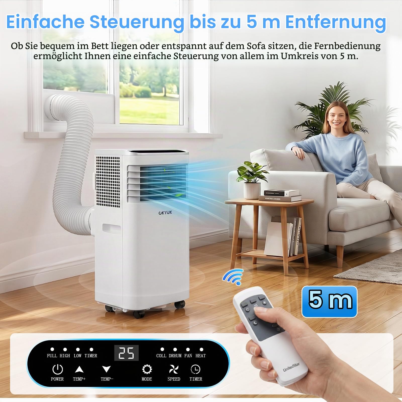 OKYUK Mobile Klimaanlage 7000 BTU mit Abluftschlauch | 4-in-1 Mobiles Klimagerät | Leiser Betrieb | Fernbedienung | Fenster-Installationsset | 24h-Timer | Für Räume bis 20 m² (7000BTU Weiß)