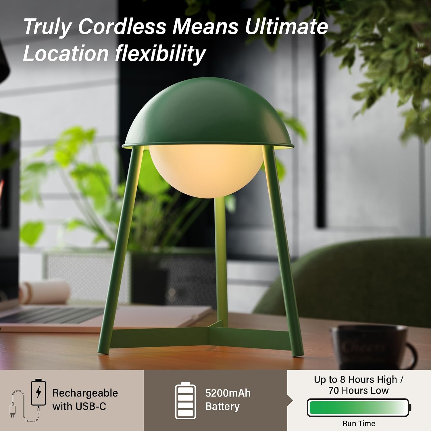 Bulbrite K70100 Kibun Helmet Rechargeable Cordless LED Table Lamp, 3-Levels Brightness Touch Sensor Control, Moss