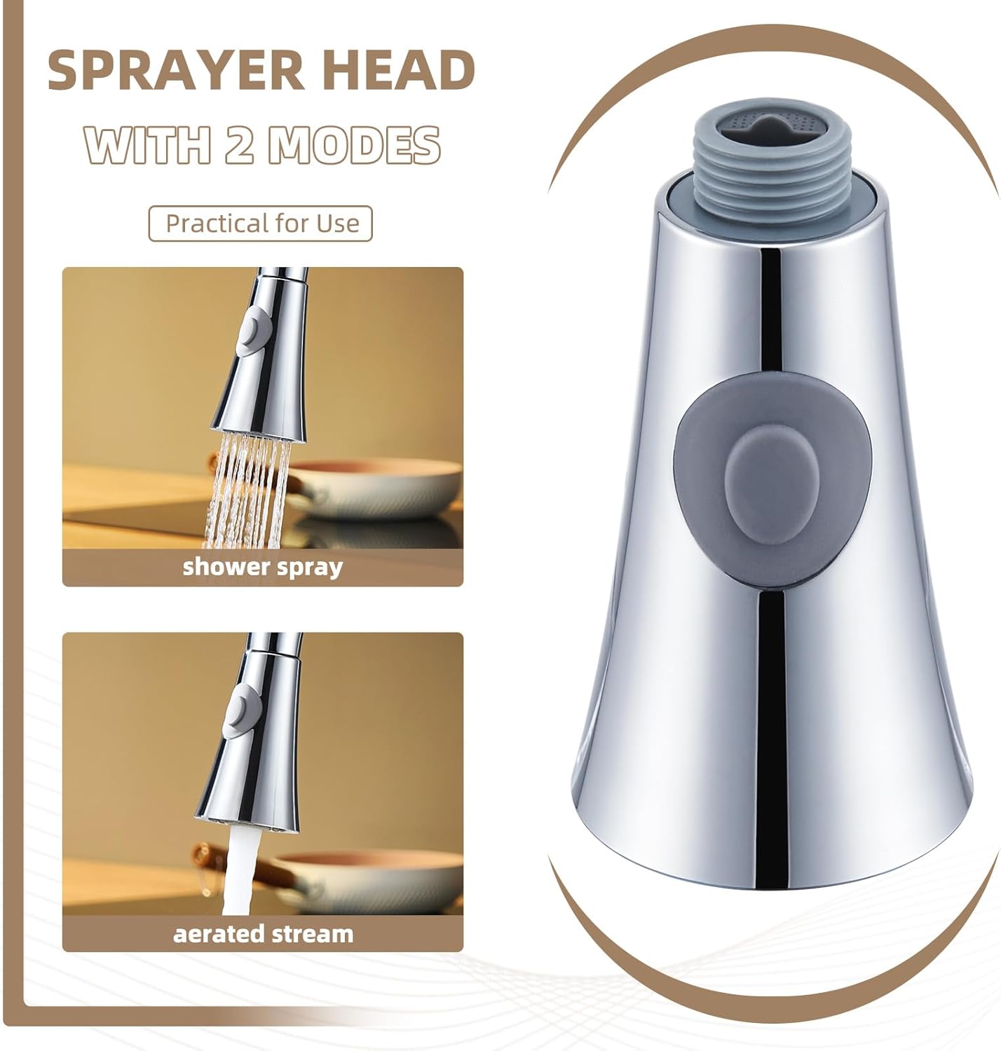 Angle Simple Kitchen Sink Sprayer Replacement, Thread Type G 1/2 or 13/16 Inch Male, Tested to NSF/ANSI/CAN 61 & 372, Faucet Head Attachment, Stream and Spray Mode, Chrome