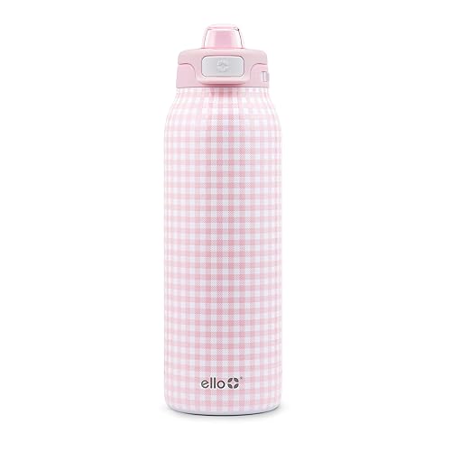 Ello Pop & Fill Stainless Steel Water Bottle with Quick Fill Technology, Double Walled Vacuum Insulated Metal, Leak Proof Locking Lid, Sip & Chug, BPA Free, Holiday Gift for Him Her, 22oz, 32oz, 40oz - 32oz - Pink Gingham