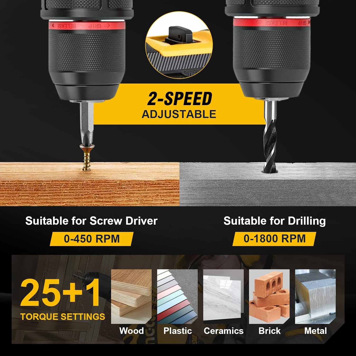 Cordless Drill, 21V Brushless Power Drill with Dual 2.0Ah Power Pack and Charger, Electric Drills Set, 3/8" Metal Chuck, 25+1 Torque, 2 Speed Compact Drills with 87PCS for DIY, Home Repair & Gift