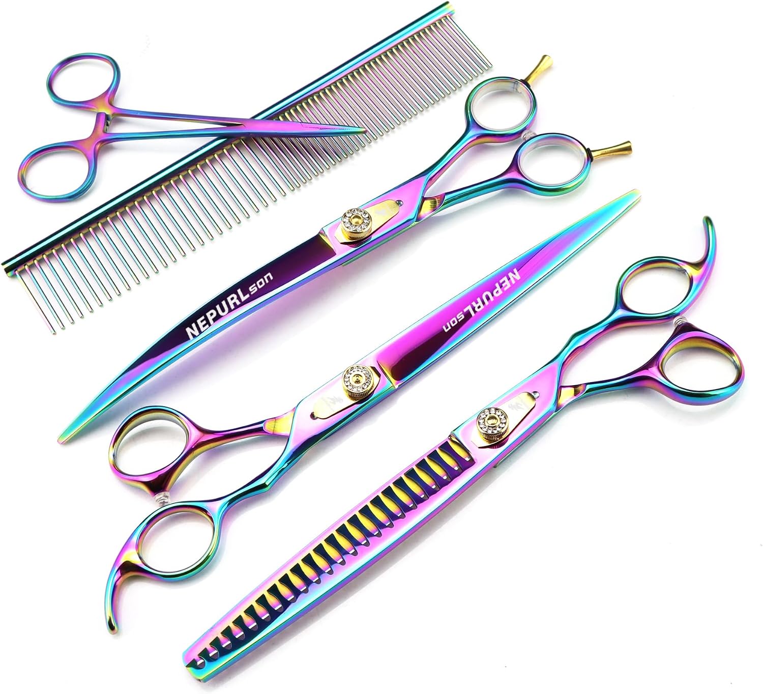 8.0 Inch Pet Grooming Kit - 3 Piece Rainbow 440C Stainless Steel Dog Shears Set with Straight Curved and Thinning Scissors for Full Body Shaping and Finishing
