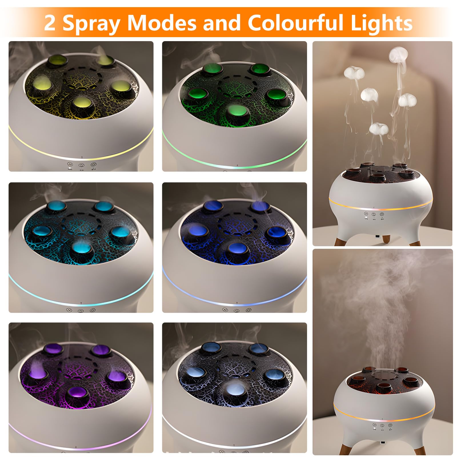 Diffusore di oli essenziali per camera da letto, 250 ml, umidificatore per aromaterapia, diffusore di aromi con luci LED a 8 colori, timer, spegnimento automatico senza acqua (V80-White-2)