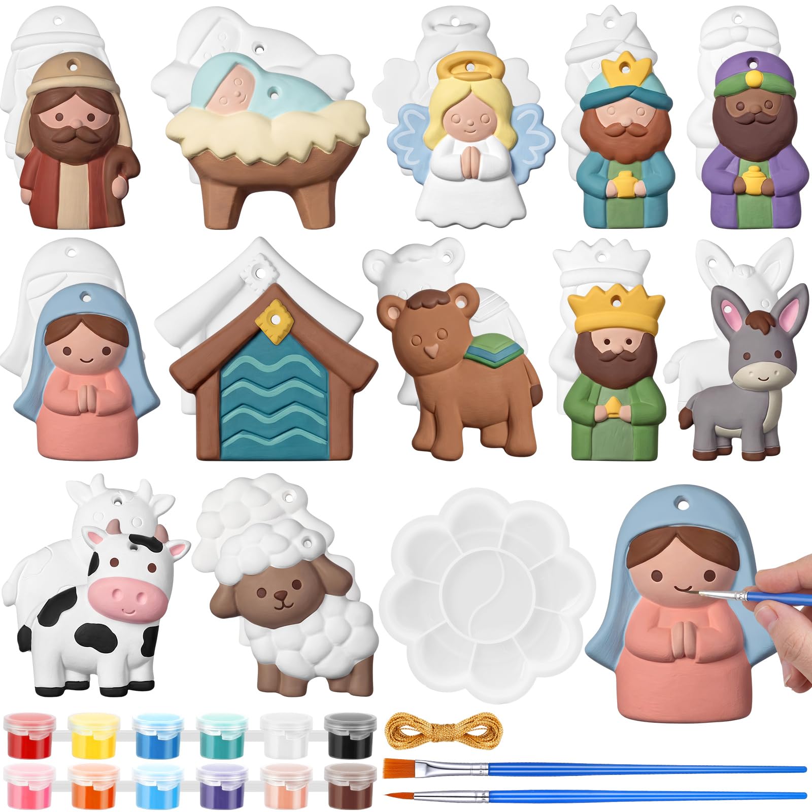 Soulchen Lot de 24 kits de peinture en céramique pour crèche de Noël - Peinture religieuse sur le thème de la naissance de Jésus - Décorations pour les vacances à faire soi-même - Kit d'activités de