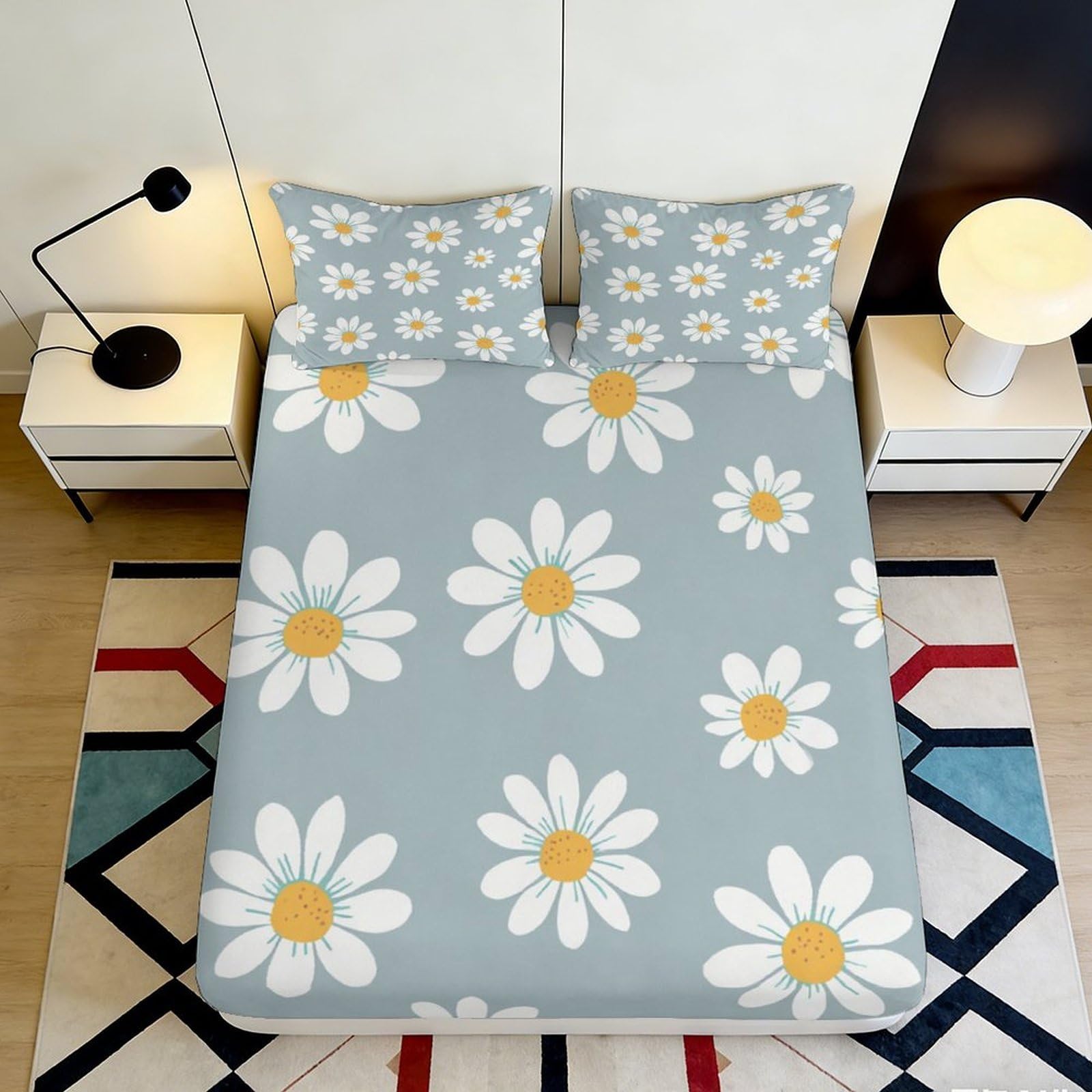 3D Printed Daisy Blossom Fitted Sheet Microfiber Soft Mattress Cover Blue Floral Bed Decor for Bedroom Guest Room 90x200x25cm