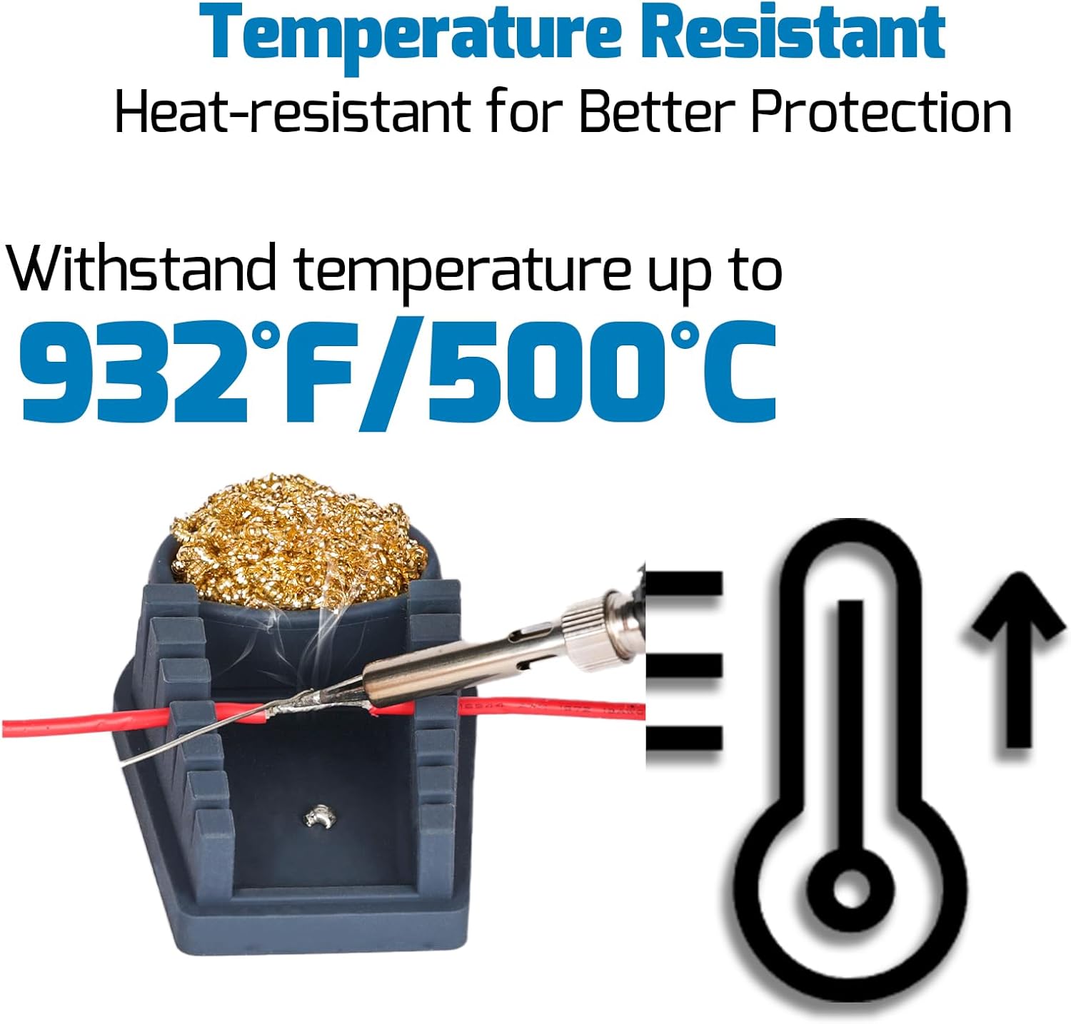 Graphic illustrating the WEP S200 wire holder's heat resistance up to 932°F/500°C
