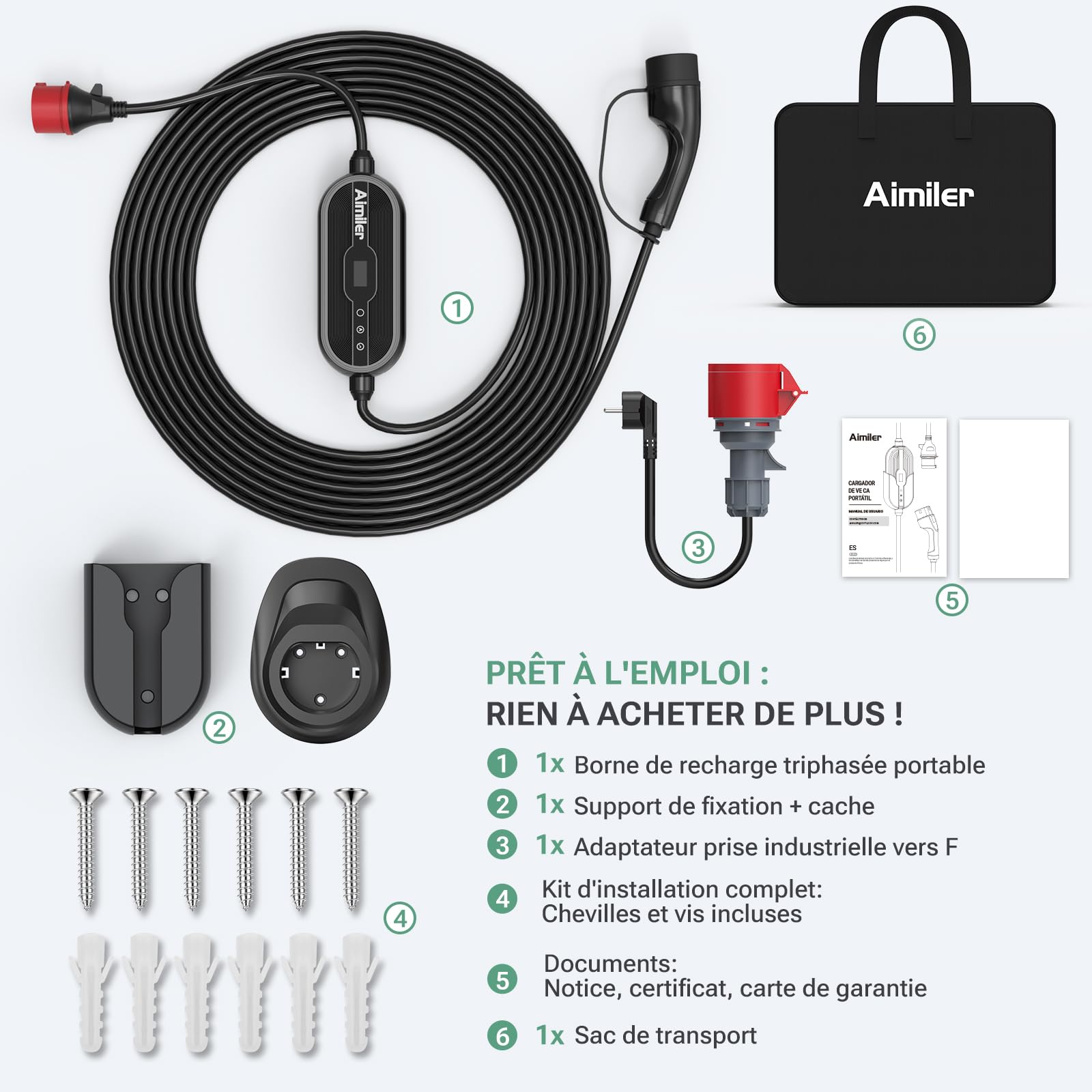 AIMILER Chargeur Voiture Electrique 11kW APP 8-16A 7,6M Borne de Recharge Véhicule Électrique Triphasé Numérique OLED IP66 avec Type 2 Compatible avec Support Mural avec Model 3/Y, EX30, et PHEVs